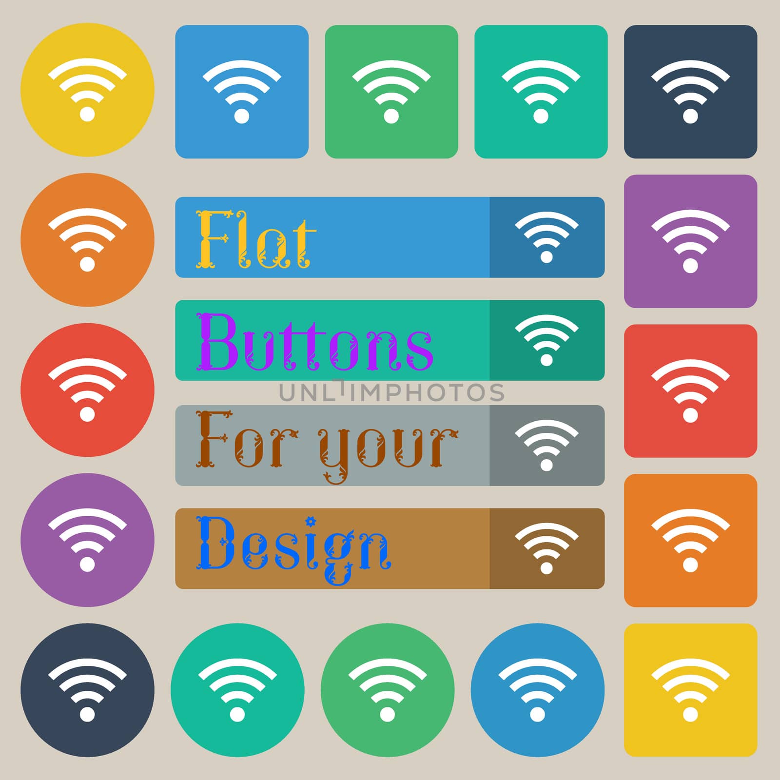 Wifi sign. Wi-fi symbol. Wireless Network icon zone. Set of twenty colored flat, round, square and rectangular buttons. illustration