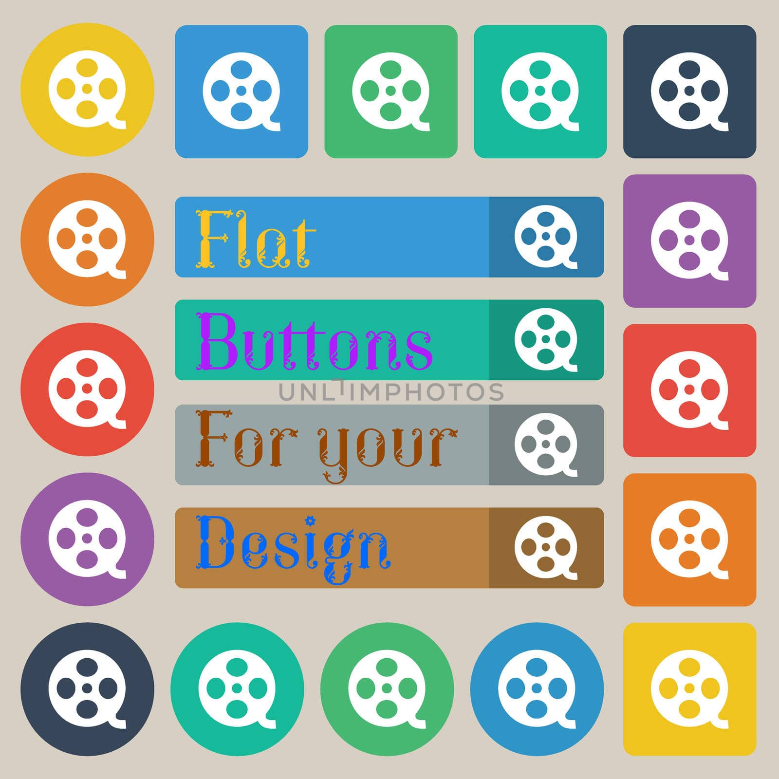 Video sign icon. frame symbol. Set of twenty colored flat, round, square and rectangular buttons.  by serhii_lohvyniuk
