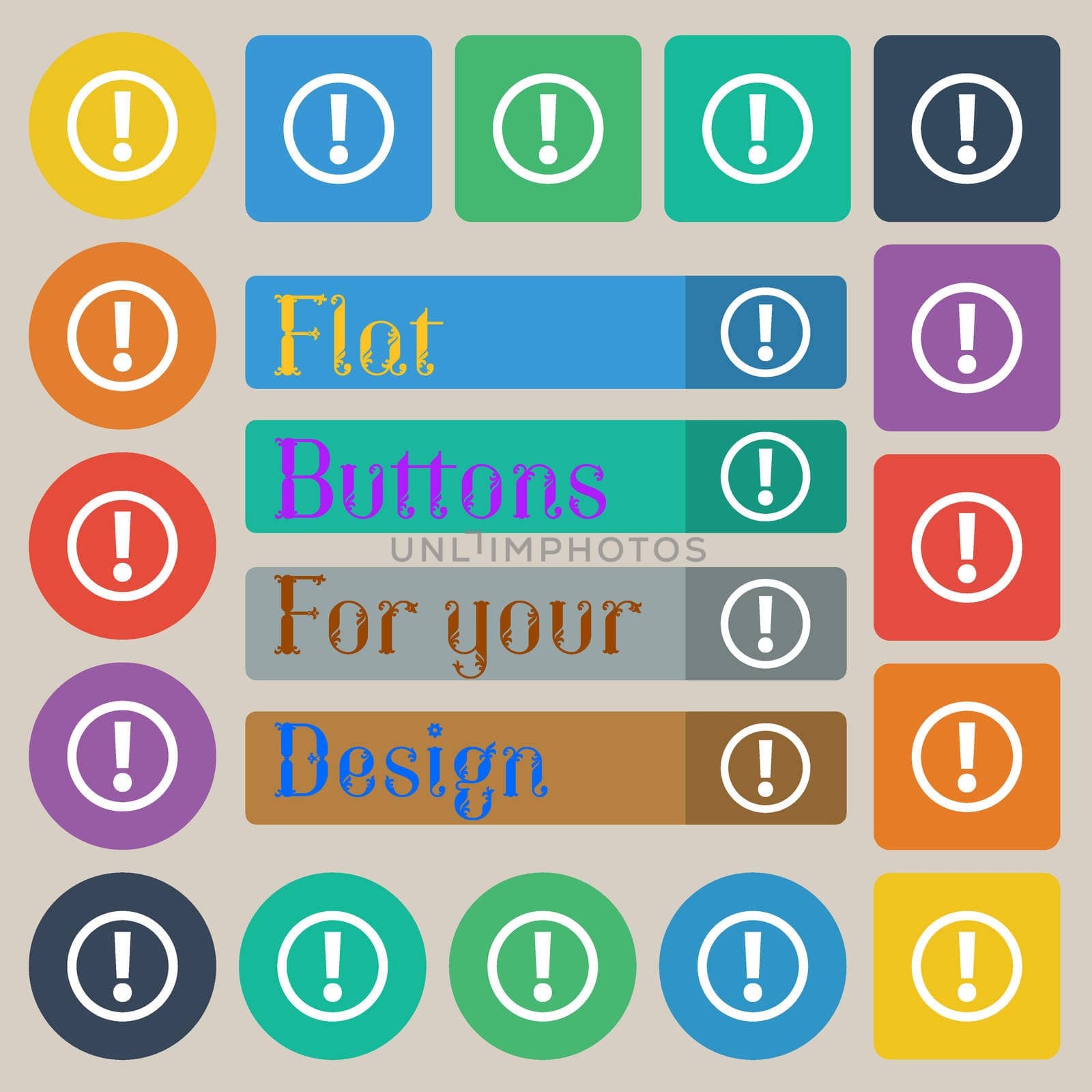 Attention sign icon. Exclamation mark. Hazard warning symbol. Set of twenty colored flat, round, square and rectangular buttons.  by serhii_lohvyniuk