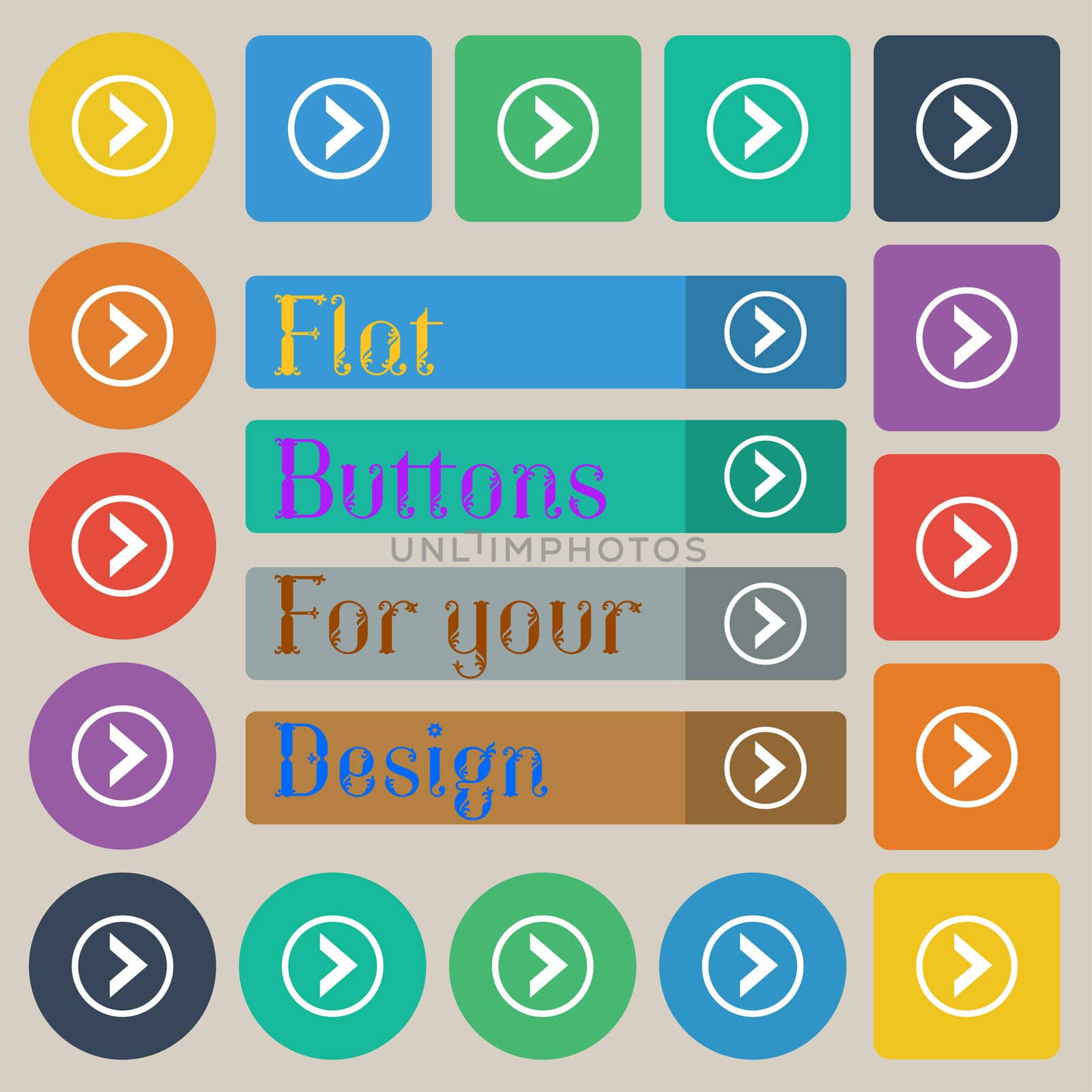 Arrow right, Next icon sign. Set of twenty colored flat, round, square and rectangular buttons.  by serhii_lohvyniuk
