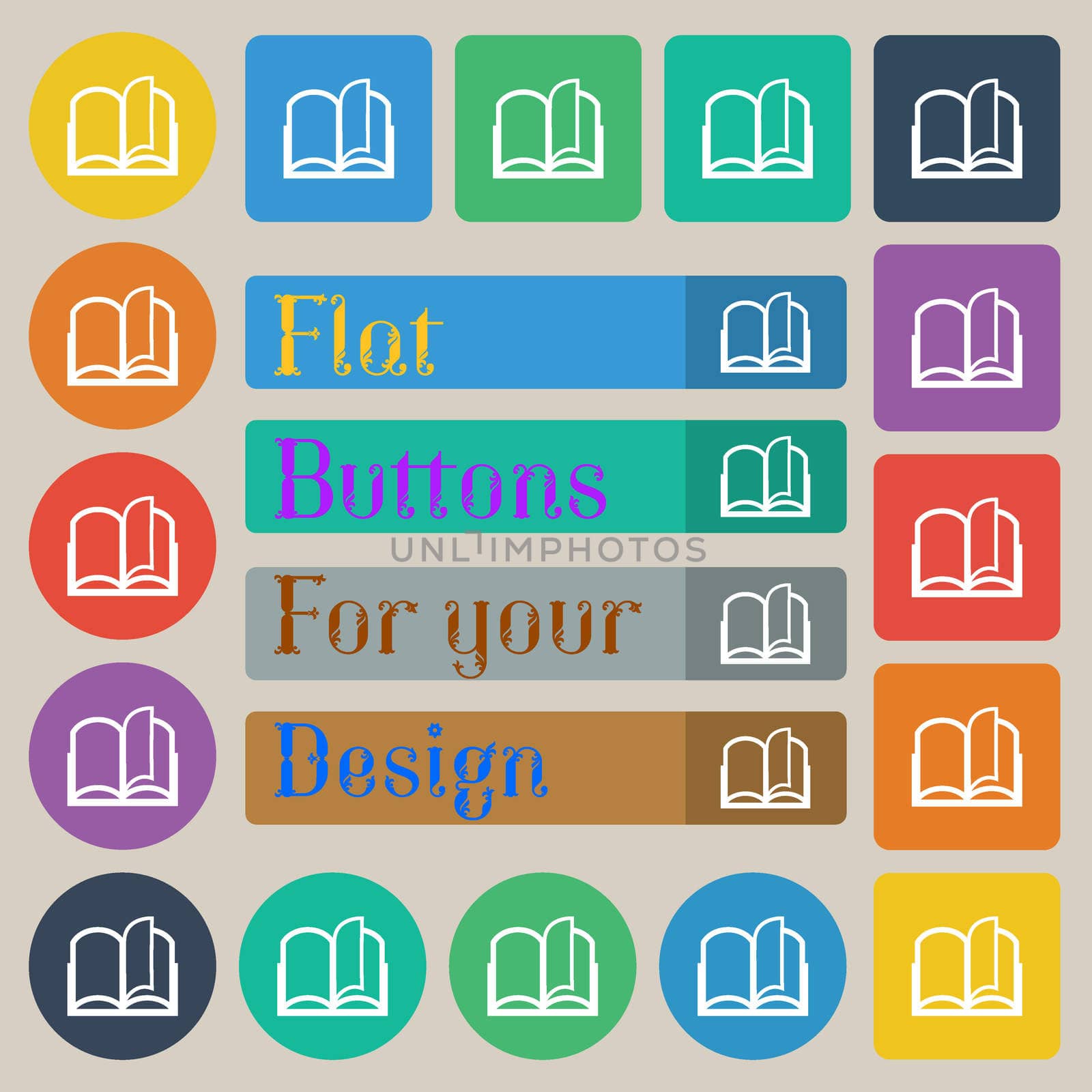 Book sign icon. Open book symbol. Set of twenty colored flat, round, square and rectangular buttons. illustration