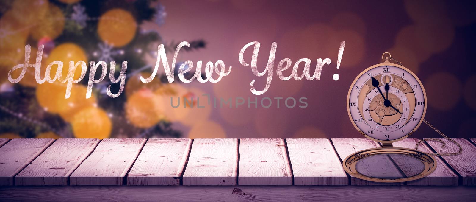 Close-up of vintage pocket clock with chain against new years greeting