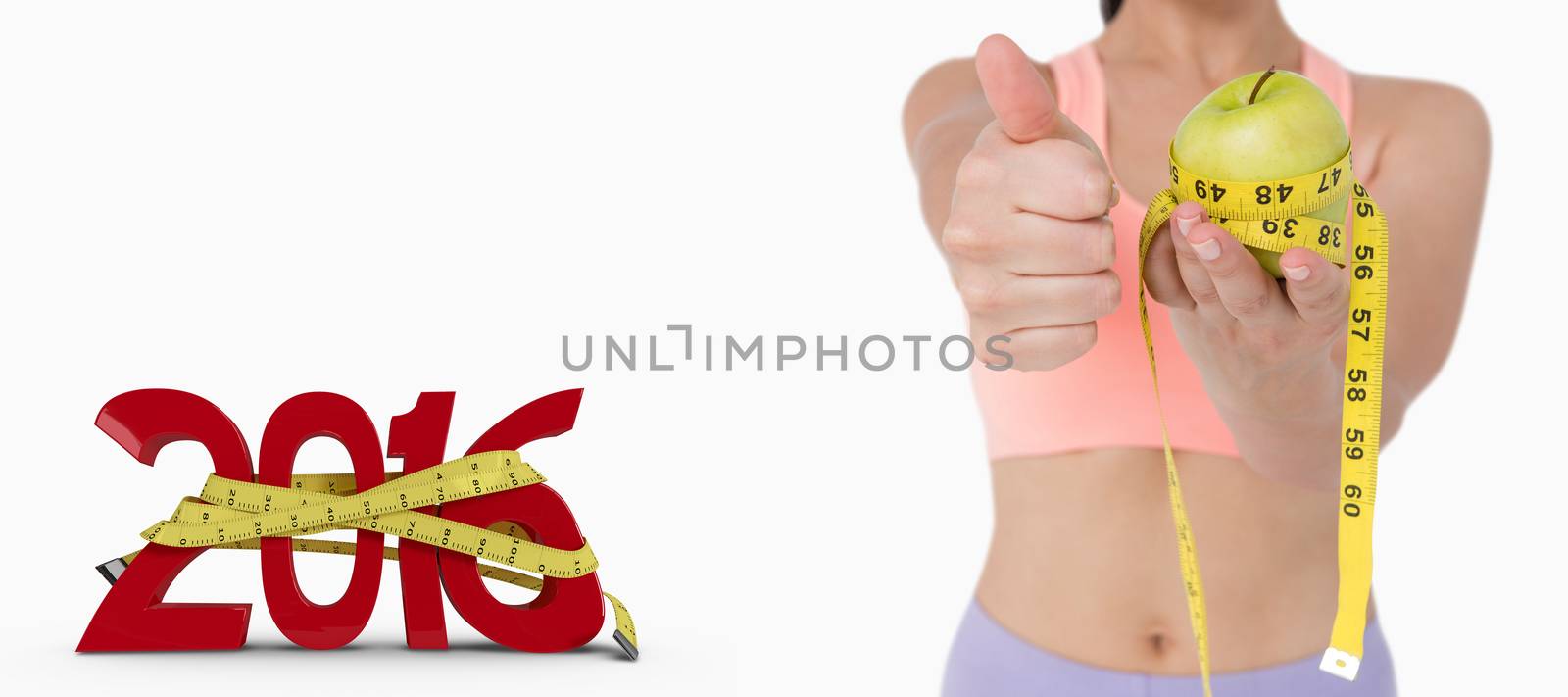 Slim woman holding apple with measuring tape against white background with vignette