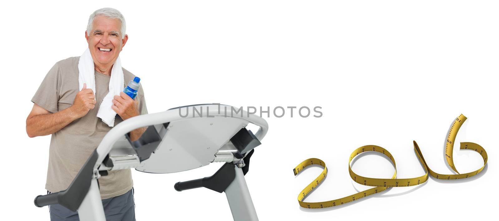 Happy senior man running on a treadmill against white background with vignette