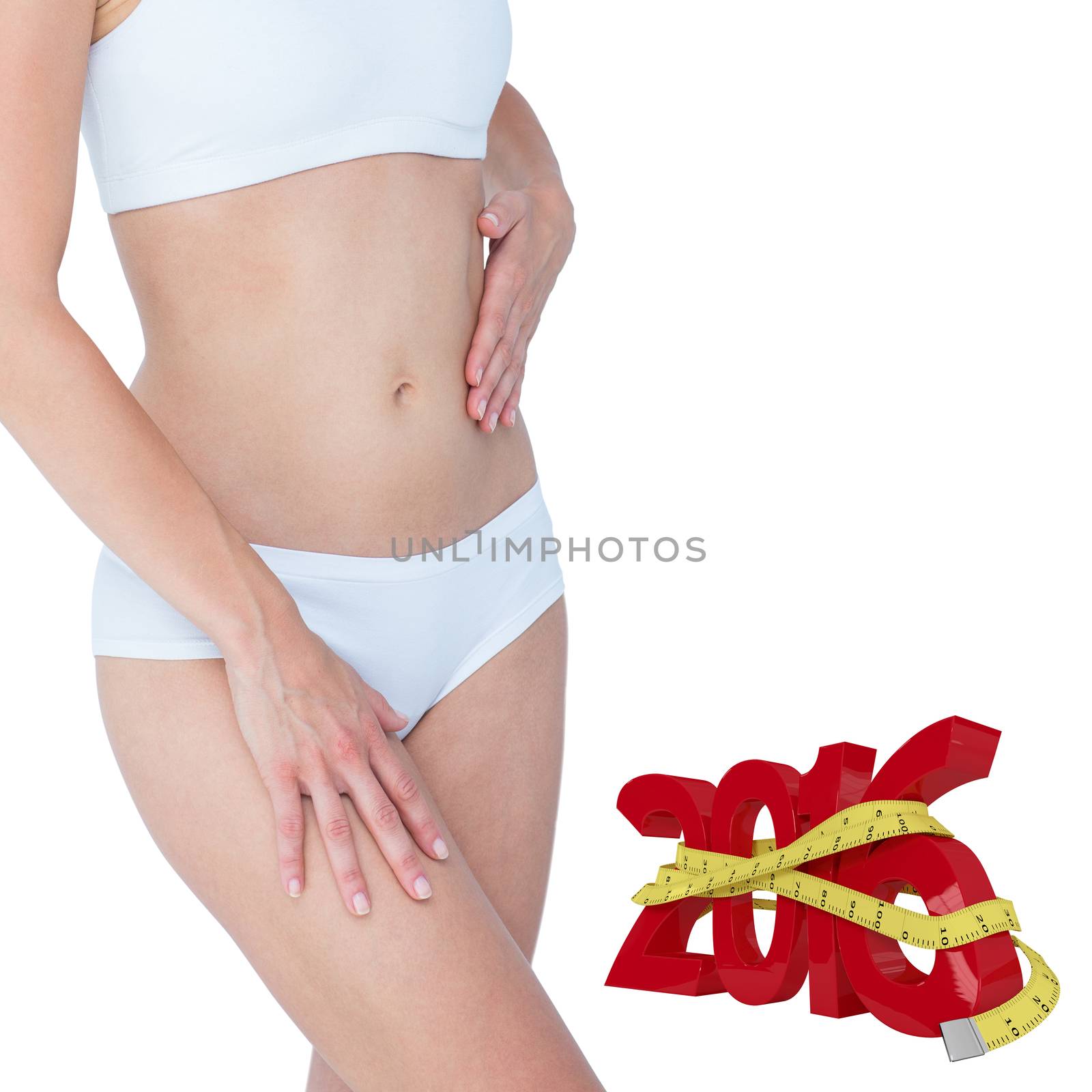 Pretty blonde touching her belly  against white background with vignette