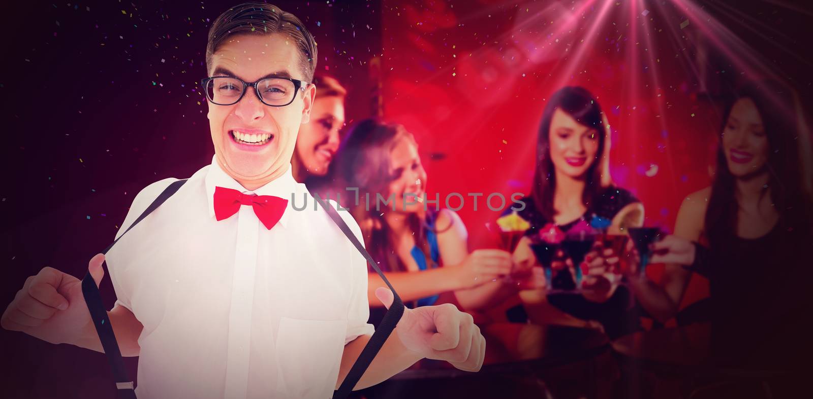 Geeky hipster pulling his suspenders against pretty friends drinking cocktails together