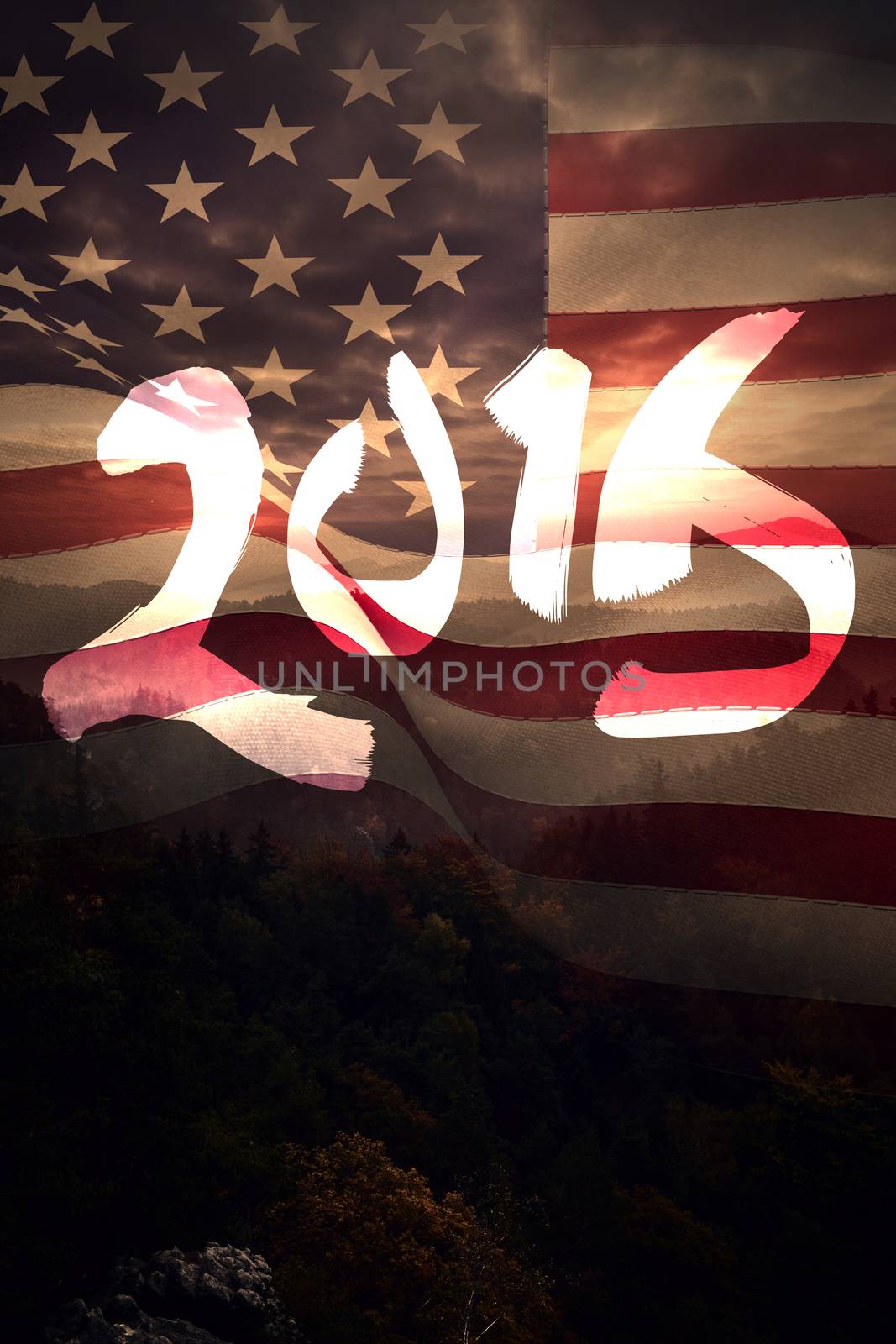 2015 in brush stroke against composite image of digitally generated united states national flag