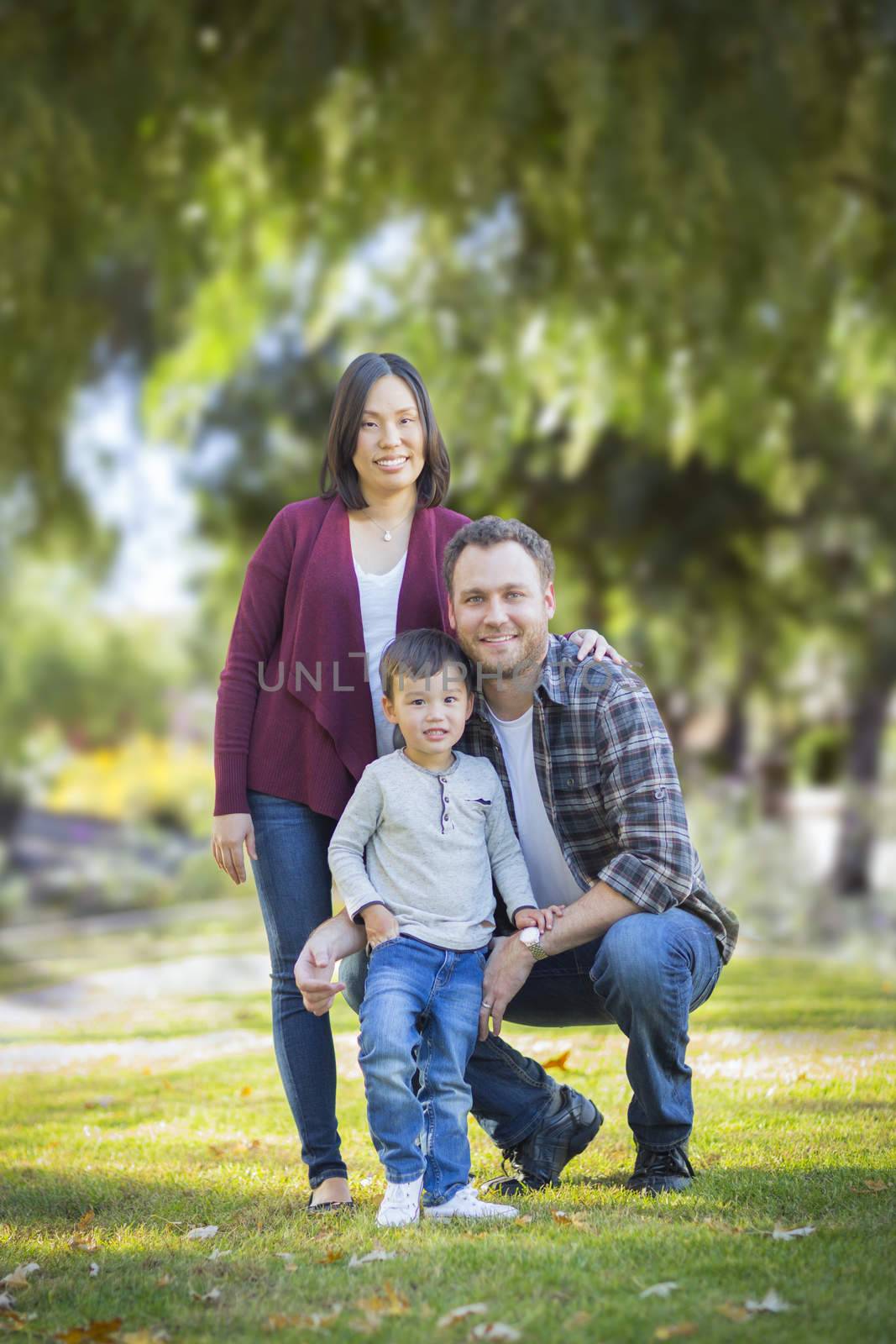 Happy Attractive Mixed Race Young Family Portrait Outdoors.