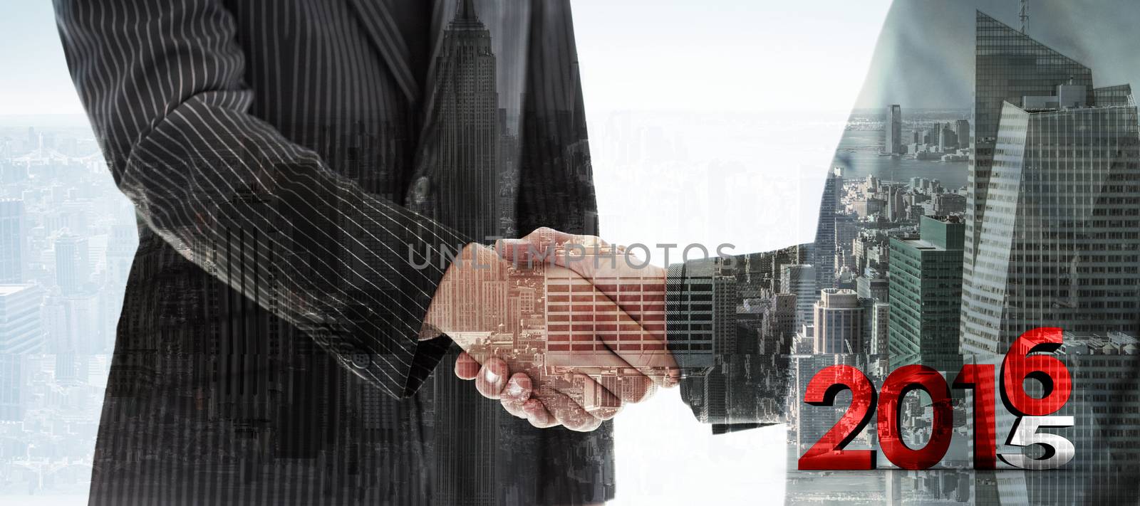2015 graphic against composite image of business people shaking hands