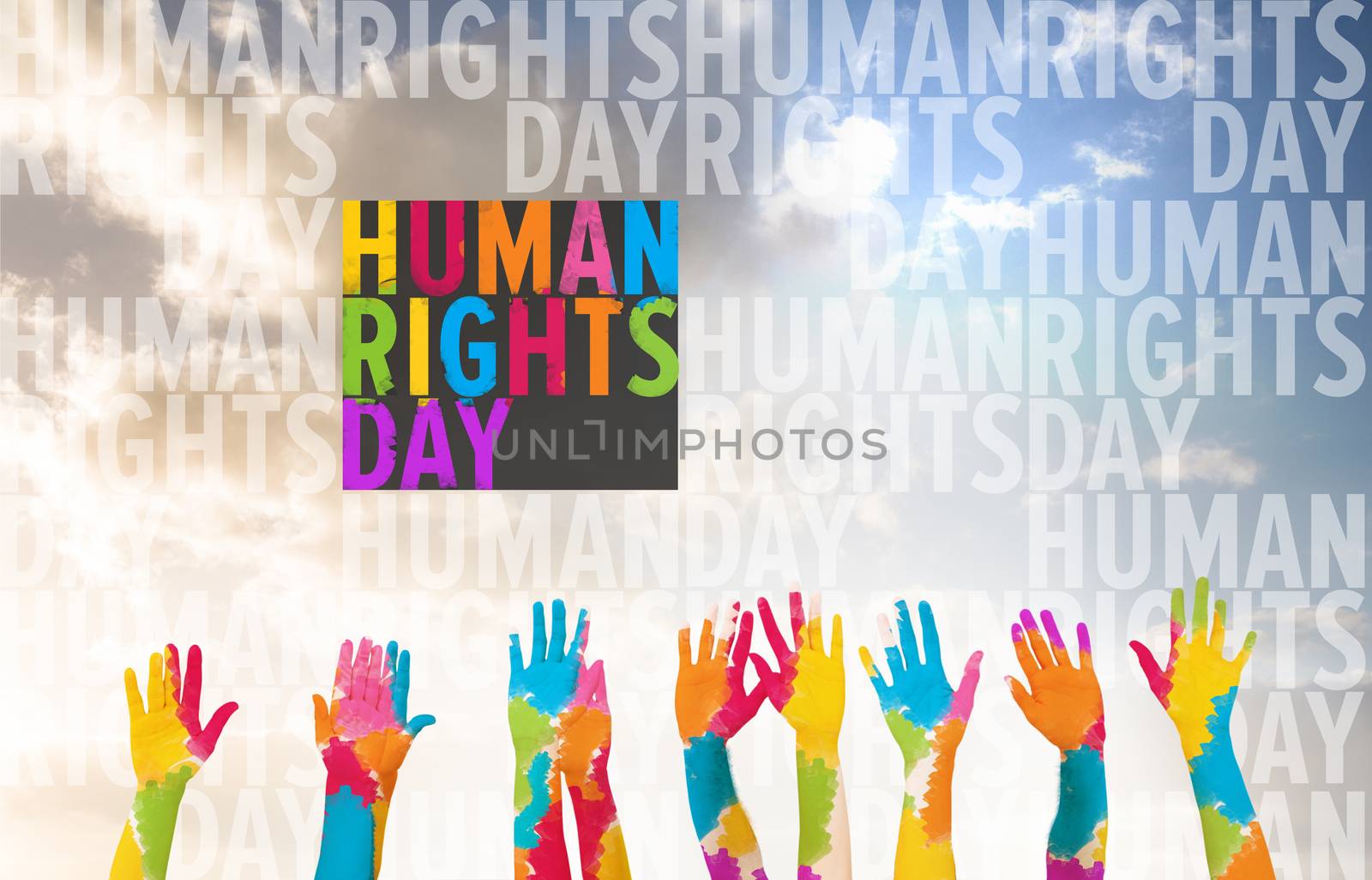 Group of people raising arms against scenic view of blue sky