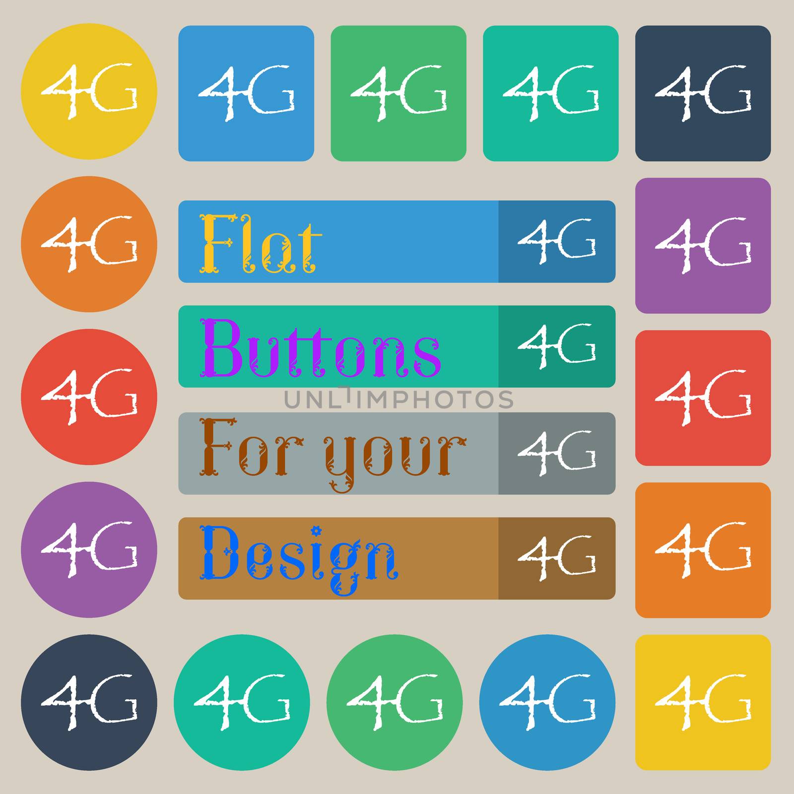 4G sign icon. Mobile telecommunications technology symbol. Set of twenty colored flat, round, square and rectangular buttons. illustration