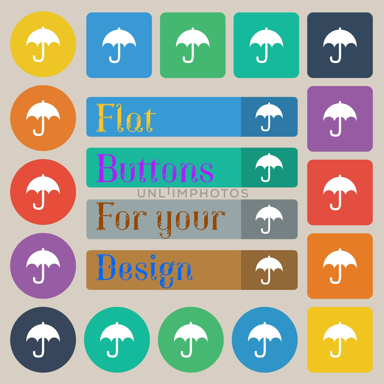 Umbrella icon sign. Set of twenty colored flat, round, square and rectangular buttons. illustration