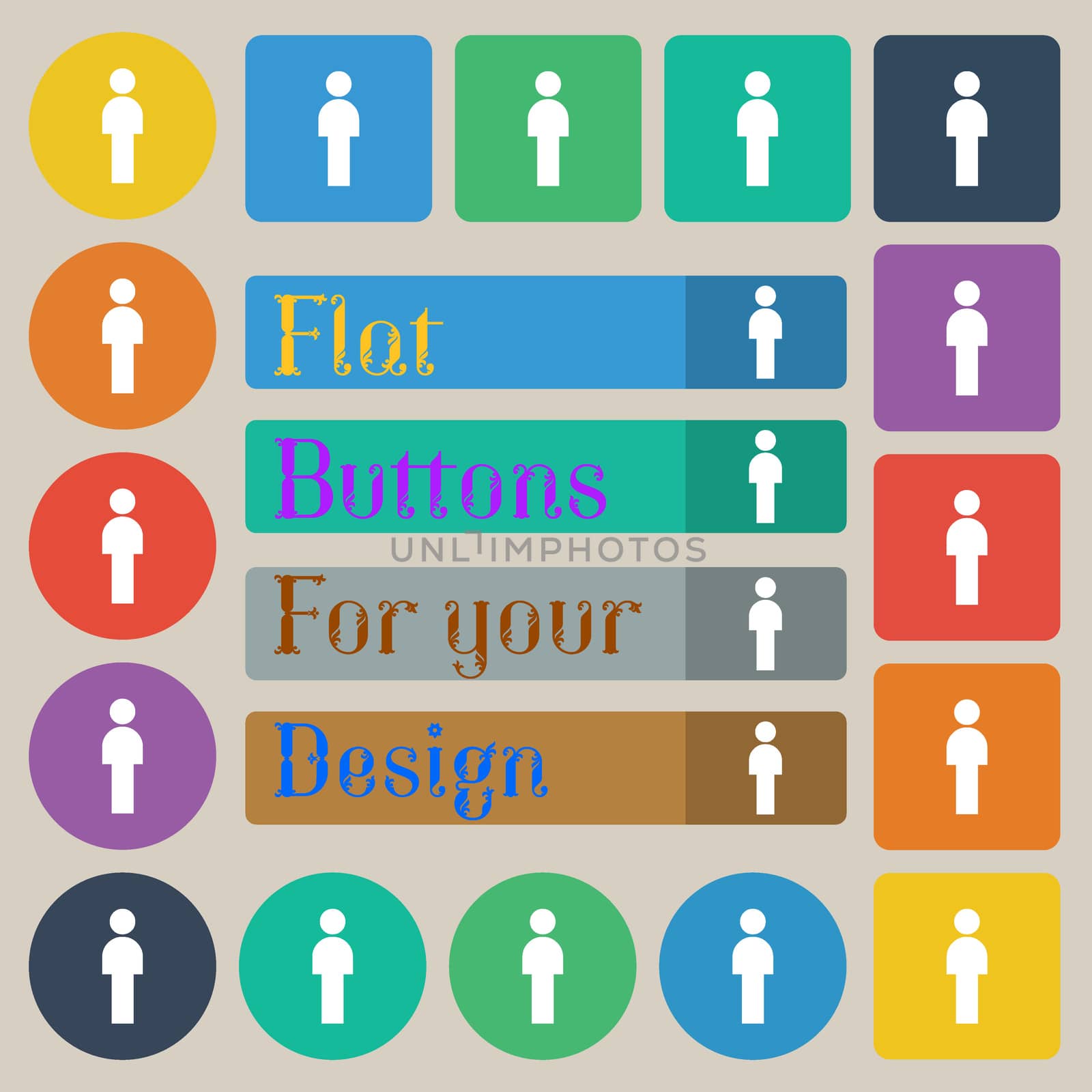 Human sign icon. Man Person symbol. Male toilet. Set of twenty colored flat, round, square and rectangular buttons. illustration
