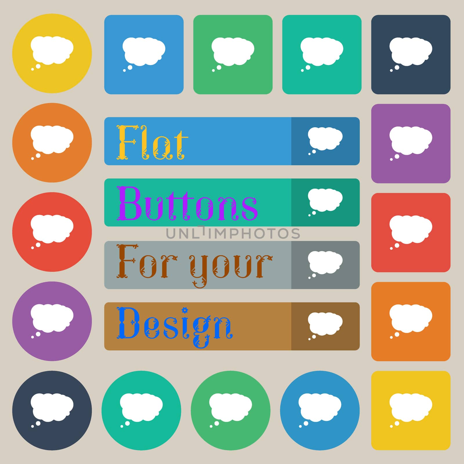 Cloud sign icon. Data storage symbol. Set of twenty colored flat, round, square and rectangular buttons. illustration