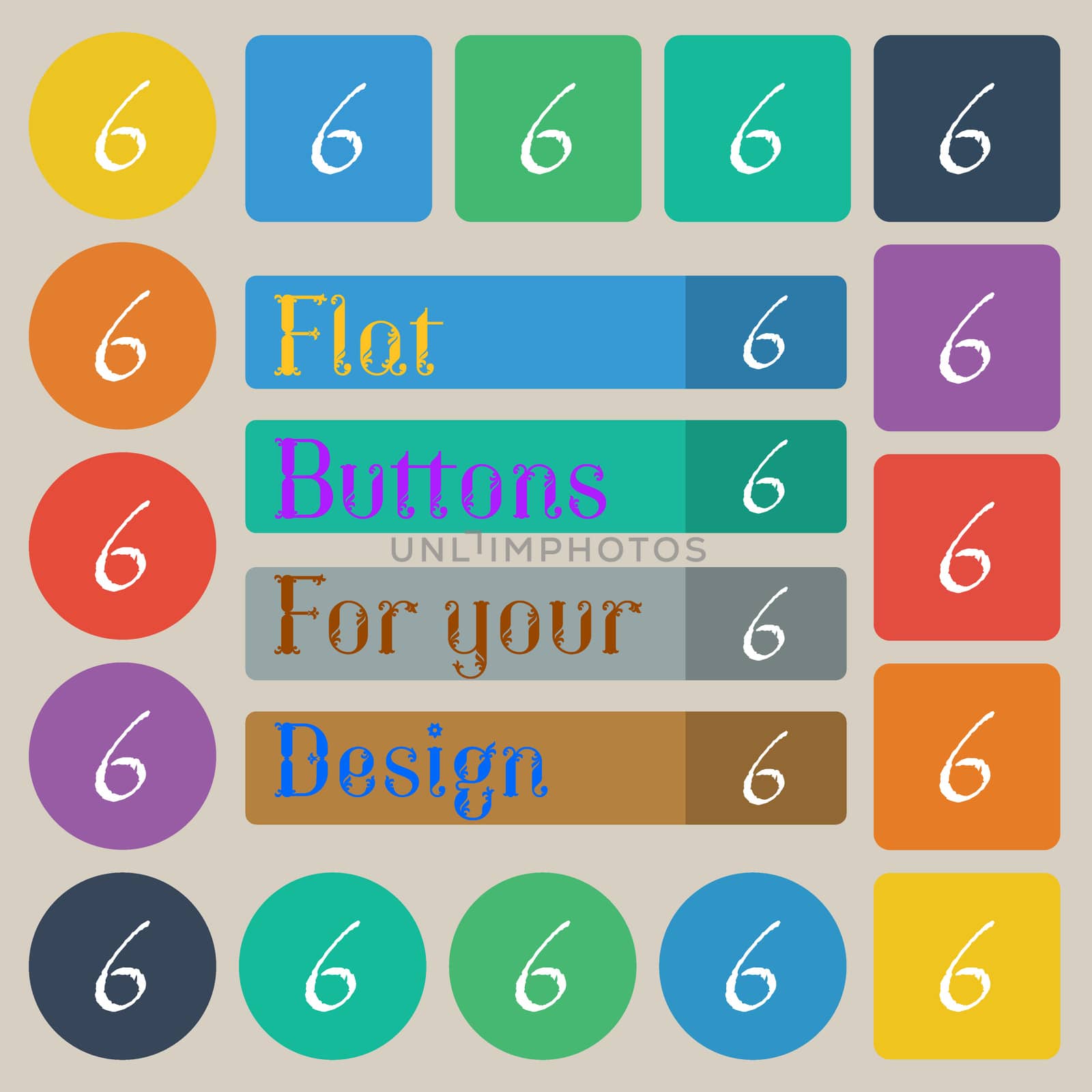 number six icon sign. Set of twenty colored flat, round, square and rectangular buttons. illustration
