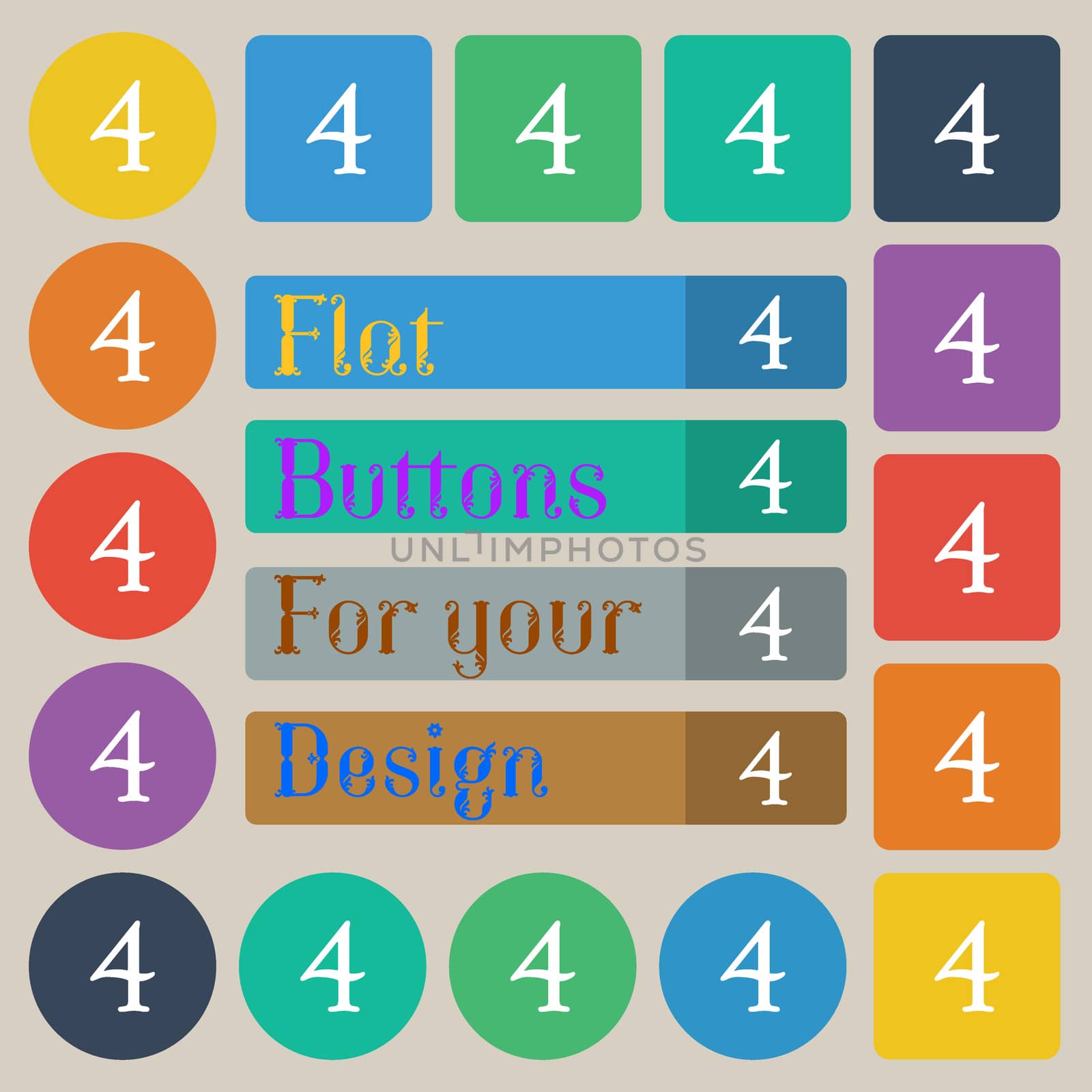 number four icon sign. Set of twenty colored flat, round, square and rectangular buttons. illustration