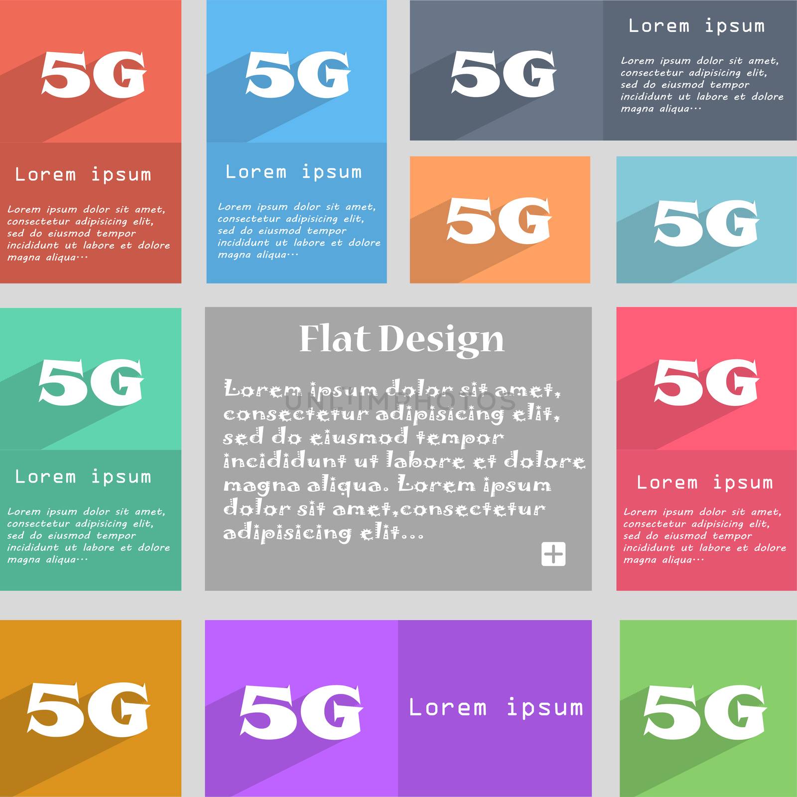 5G sign icon. Mobile telecommunications technology symbol. Set of colour buttons. illustration