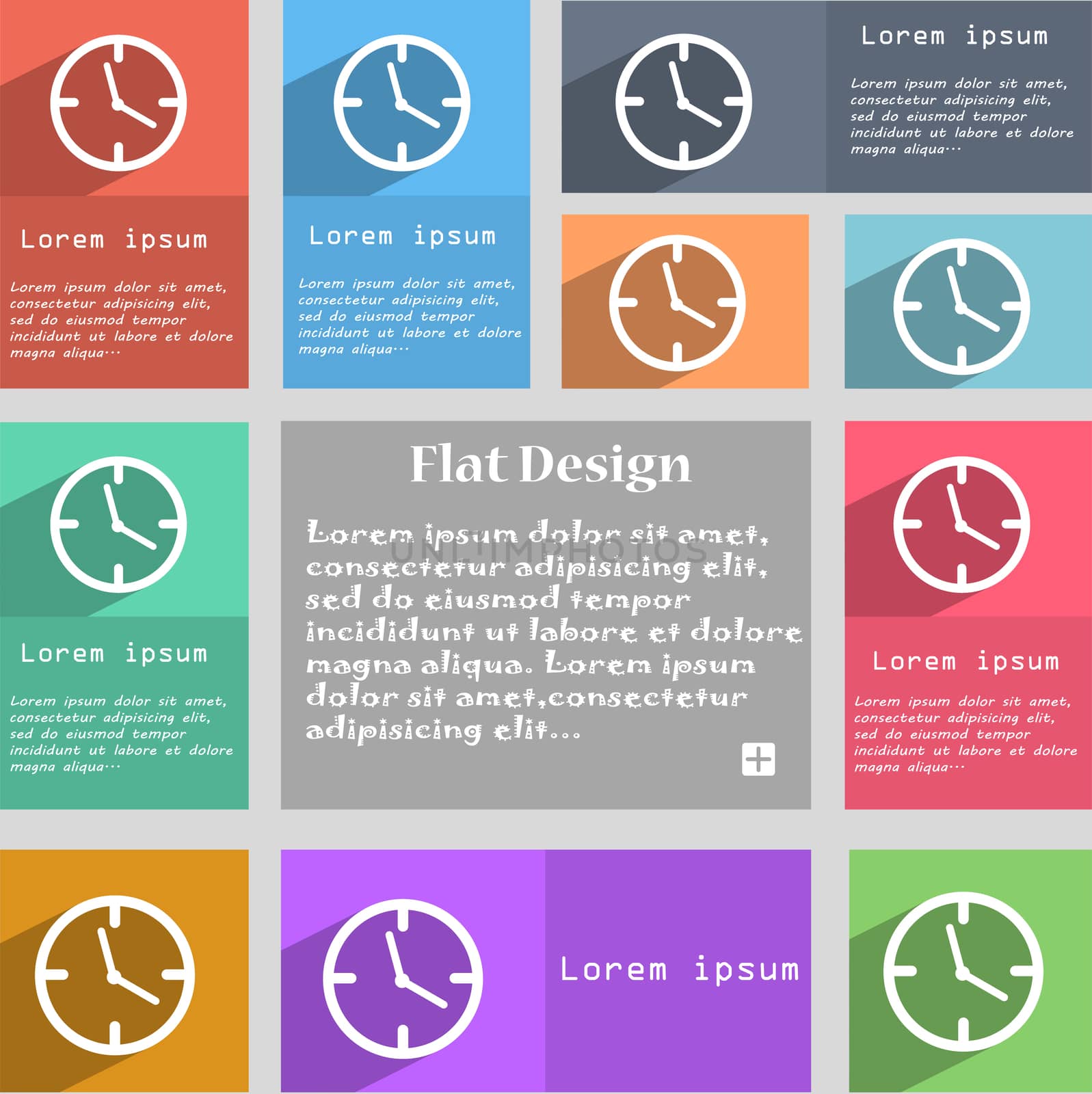 Clock time sign icon. Mechanical watch symbol. Set of colourful buttons.  by serhii_lohvyniuk