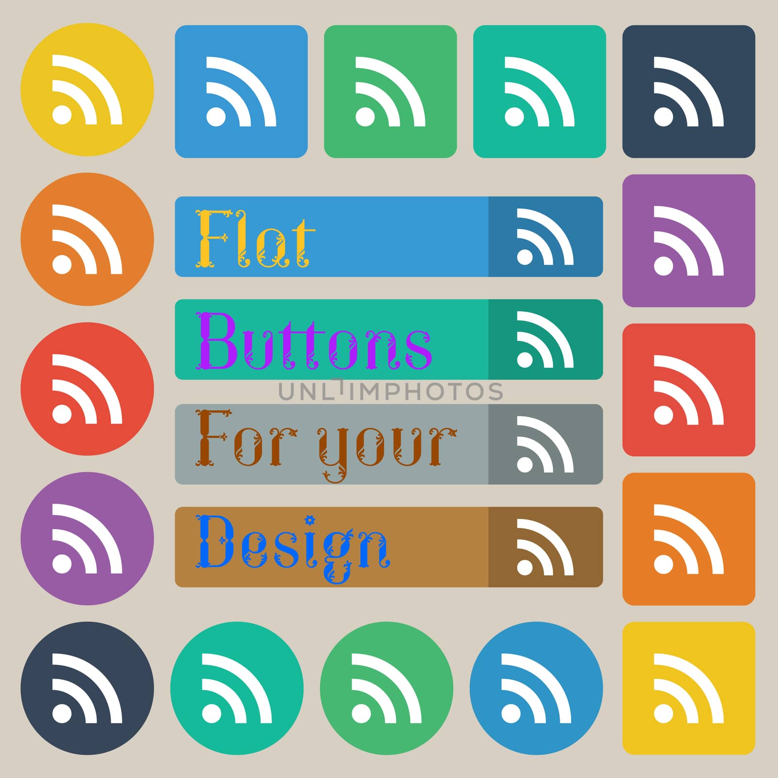 Wifi, Wi-fi, Wireless Network icon sign. Set of twenty colored flat, round, square and rectangular buttons. illustration