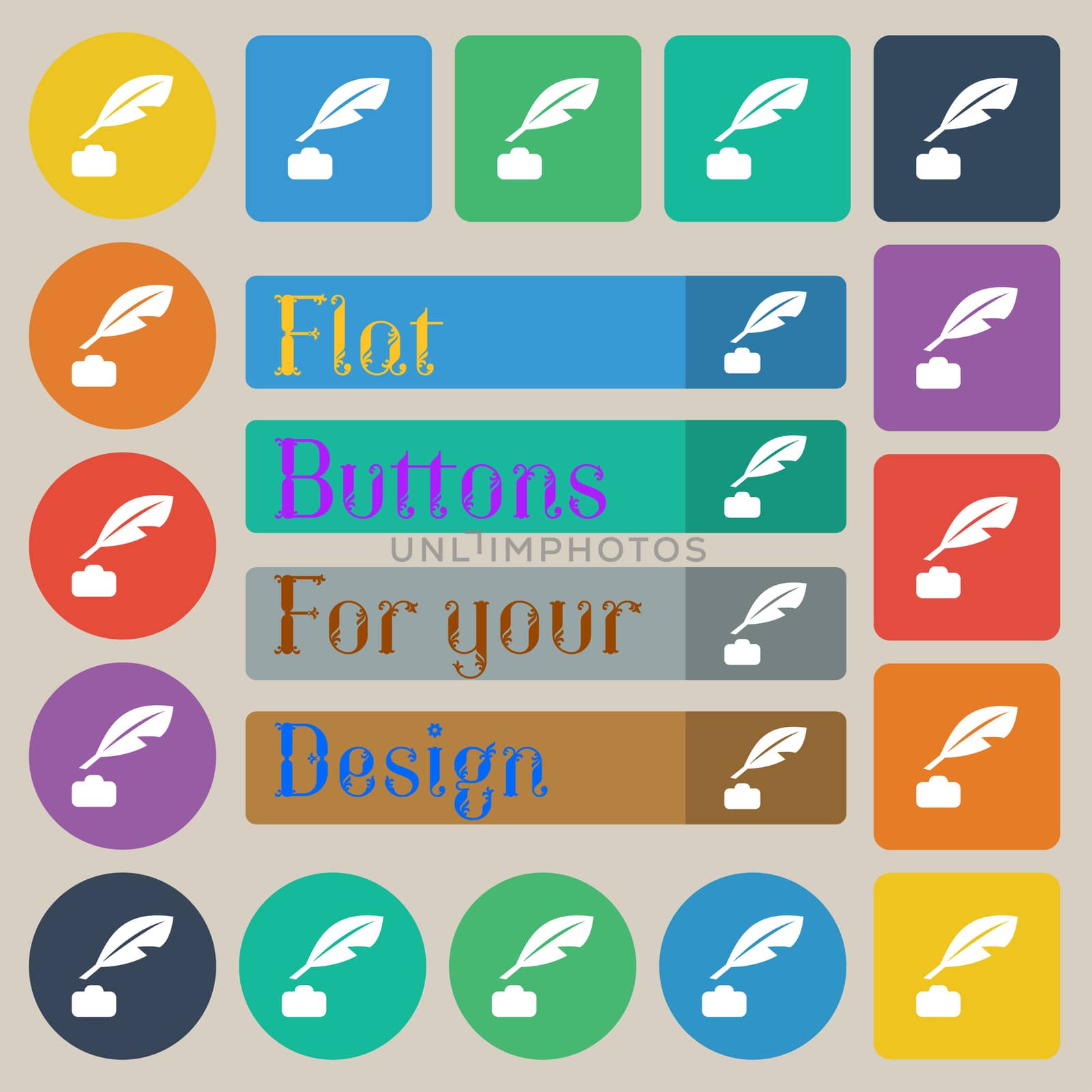 Feather, Retro pen icon sign. Set of twenty colored flat, round, square and rectangular buttons.  by serhii_lohvyniuk