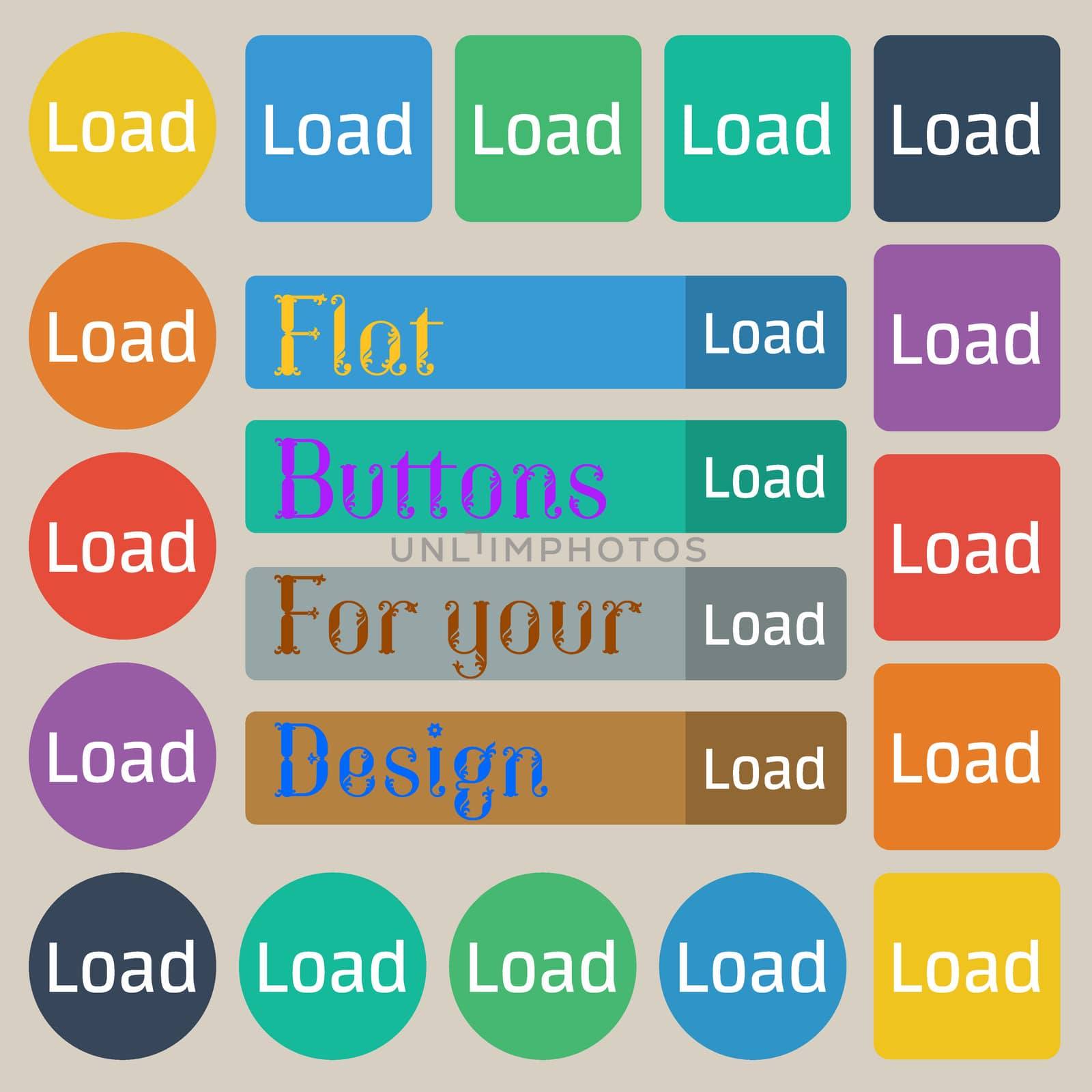 Download now icon. Load symbol. Set of twenty colored flat, round, square and rectangular buttons. illustration