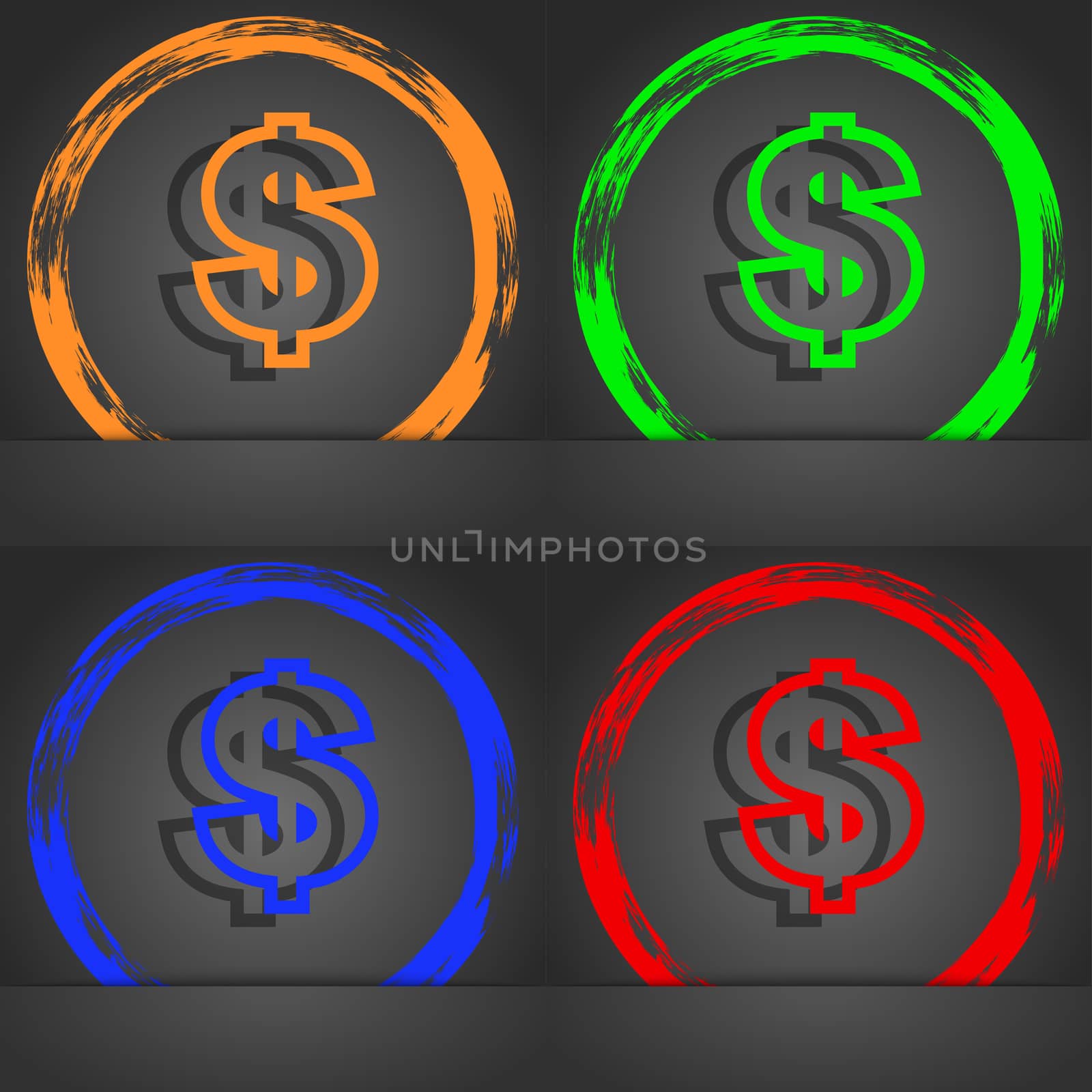 Dollar icon symbol. Fashionable modern style. In the orange, green, blue, green design. illustration