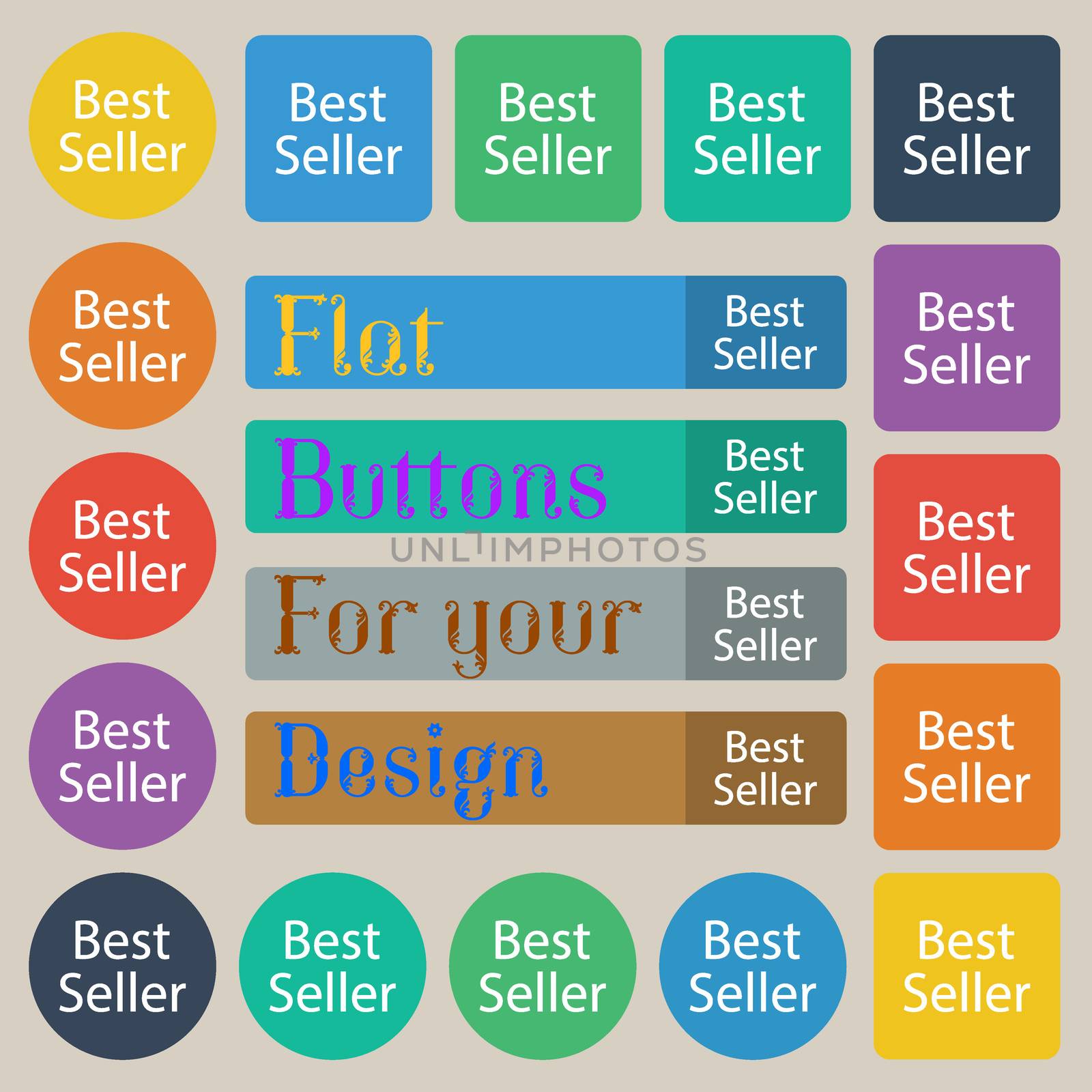Best seller sign icon. Best-seller award symbol. Set of twenty colored flat, round, square and rectangular buttons.  by serhii_lohvyniuk