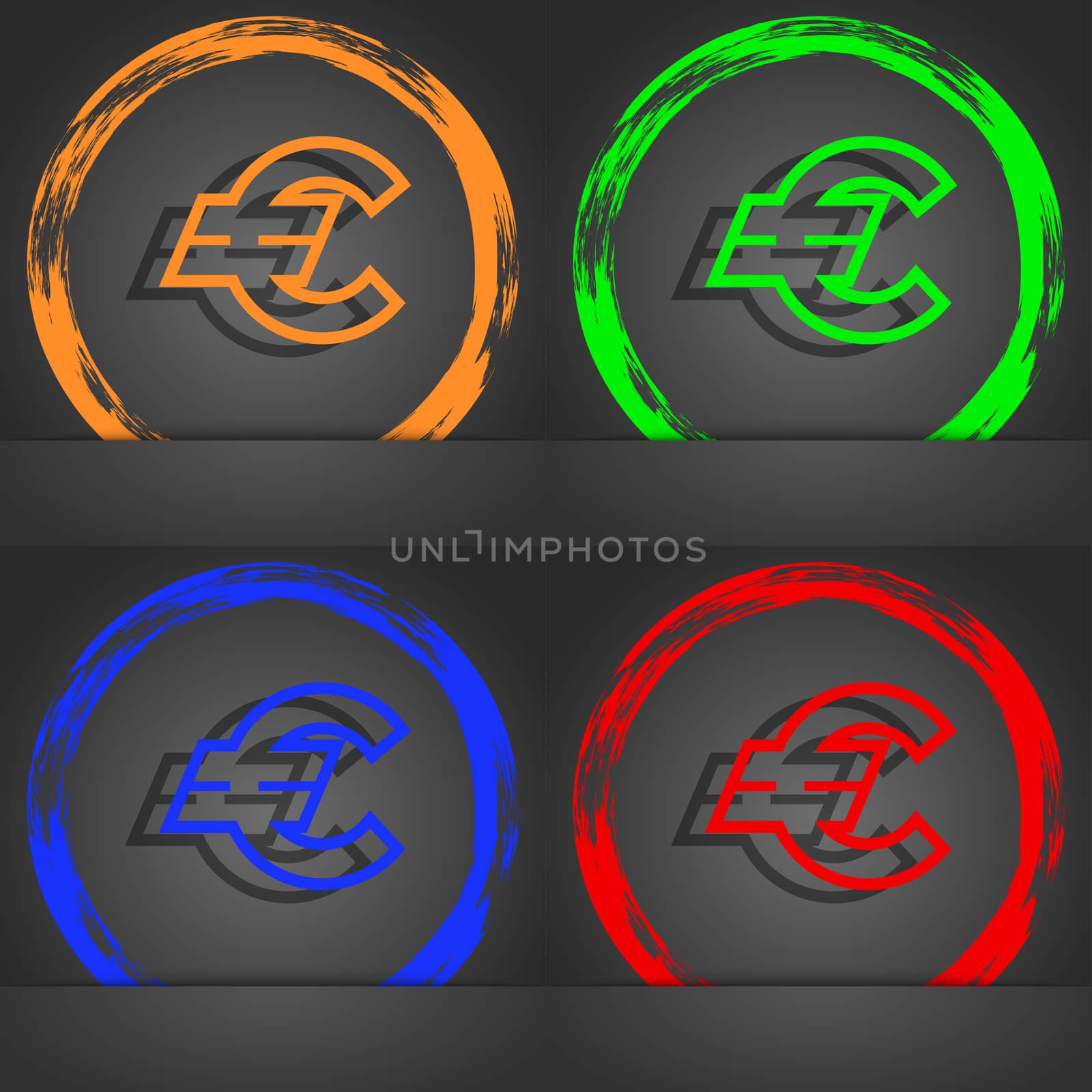 Euro EUR icon symbol. Fashionable modern style. In the orange, green, blue, green design.  by serhii_lohvyniuk