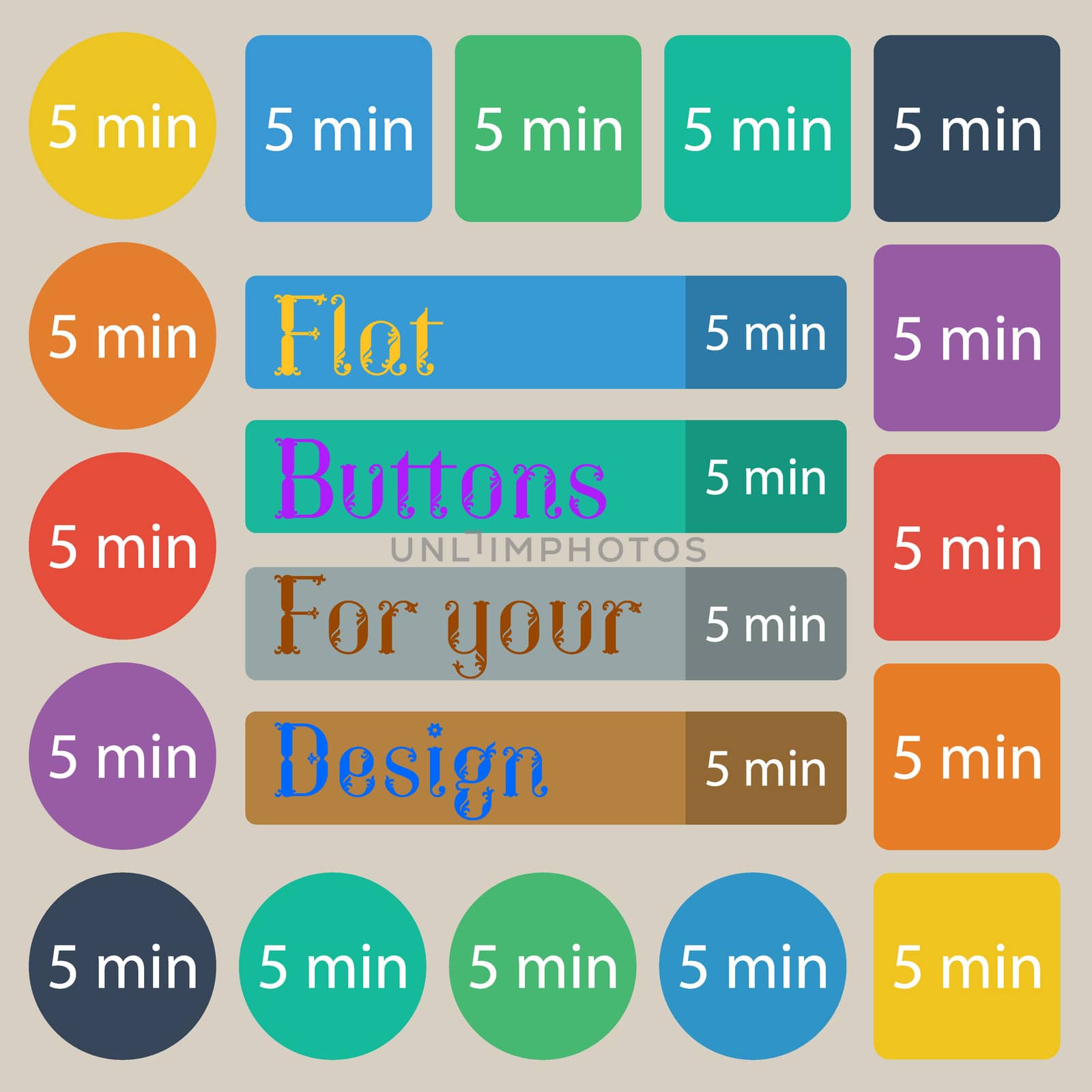 Five minutes sign icon. Set of twenty colored flat, round, square and rectangular buttons.  by serhii_lohvyniuk