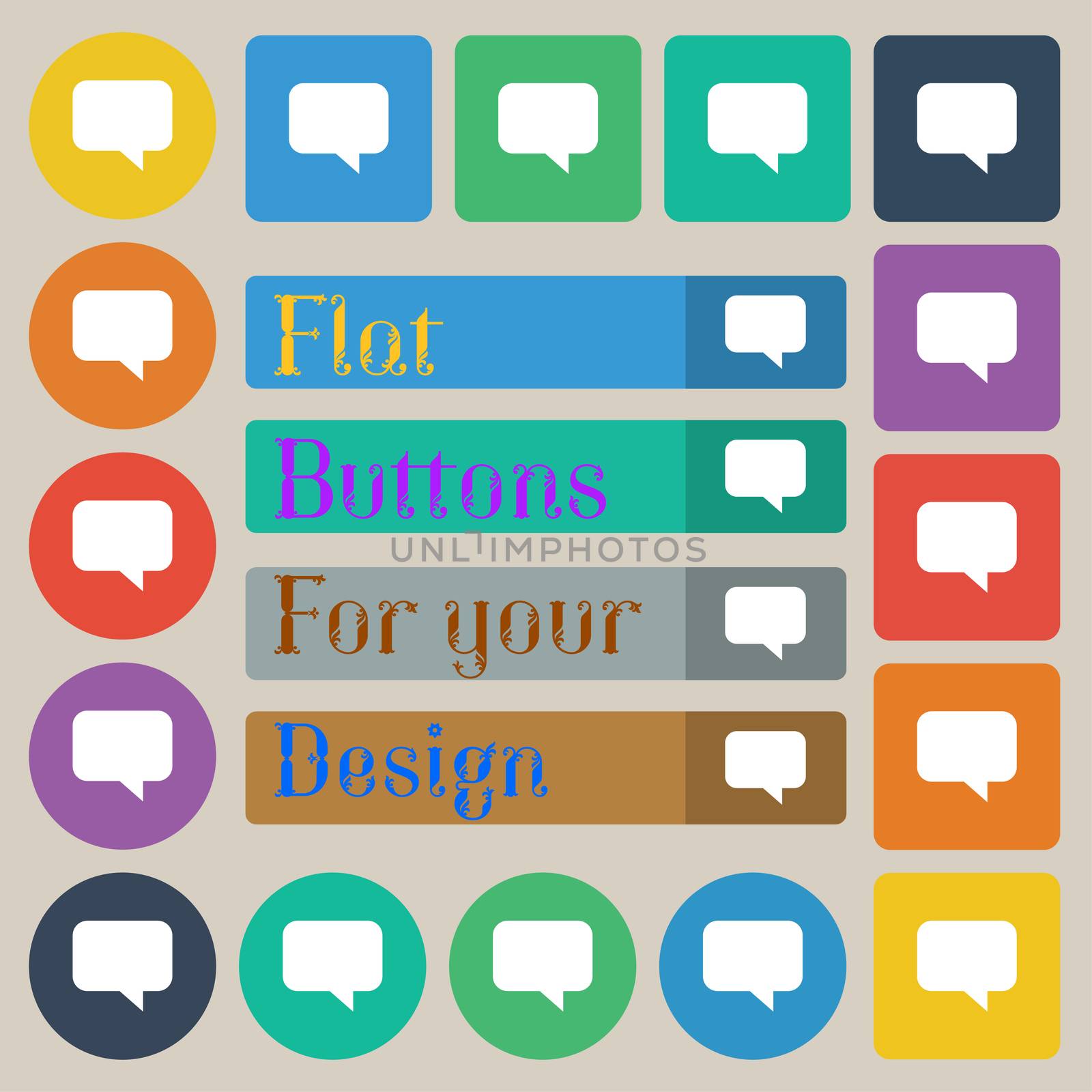 speech bubble, Chat think icon sign. Set of twenty colored flat, round, square and rectangular buttons. illustration