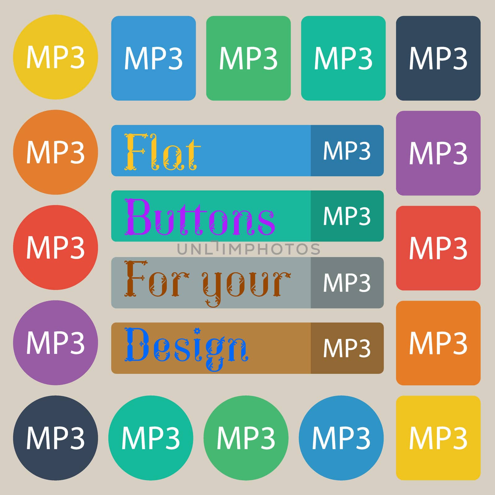 Mp3 music format sign icon. Musical symbol. Set of twenty colored flat, round, square and rectangular buttons. illustration