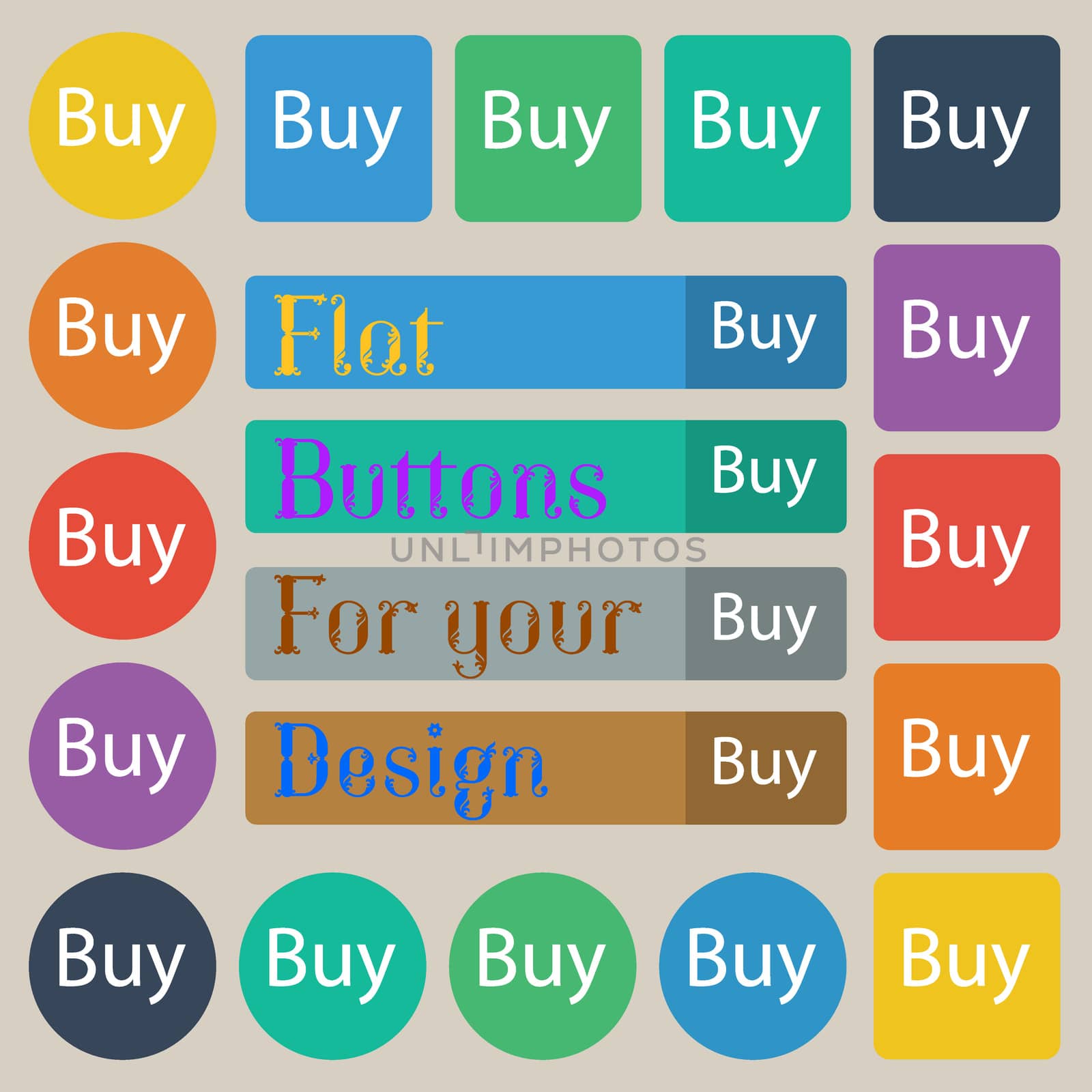 Buy sign icon. Online buying dollar usd button. Set of twenty colored flat, round, square and rectangular buttons. illustration