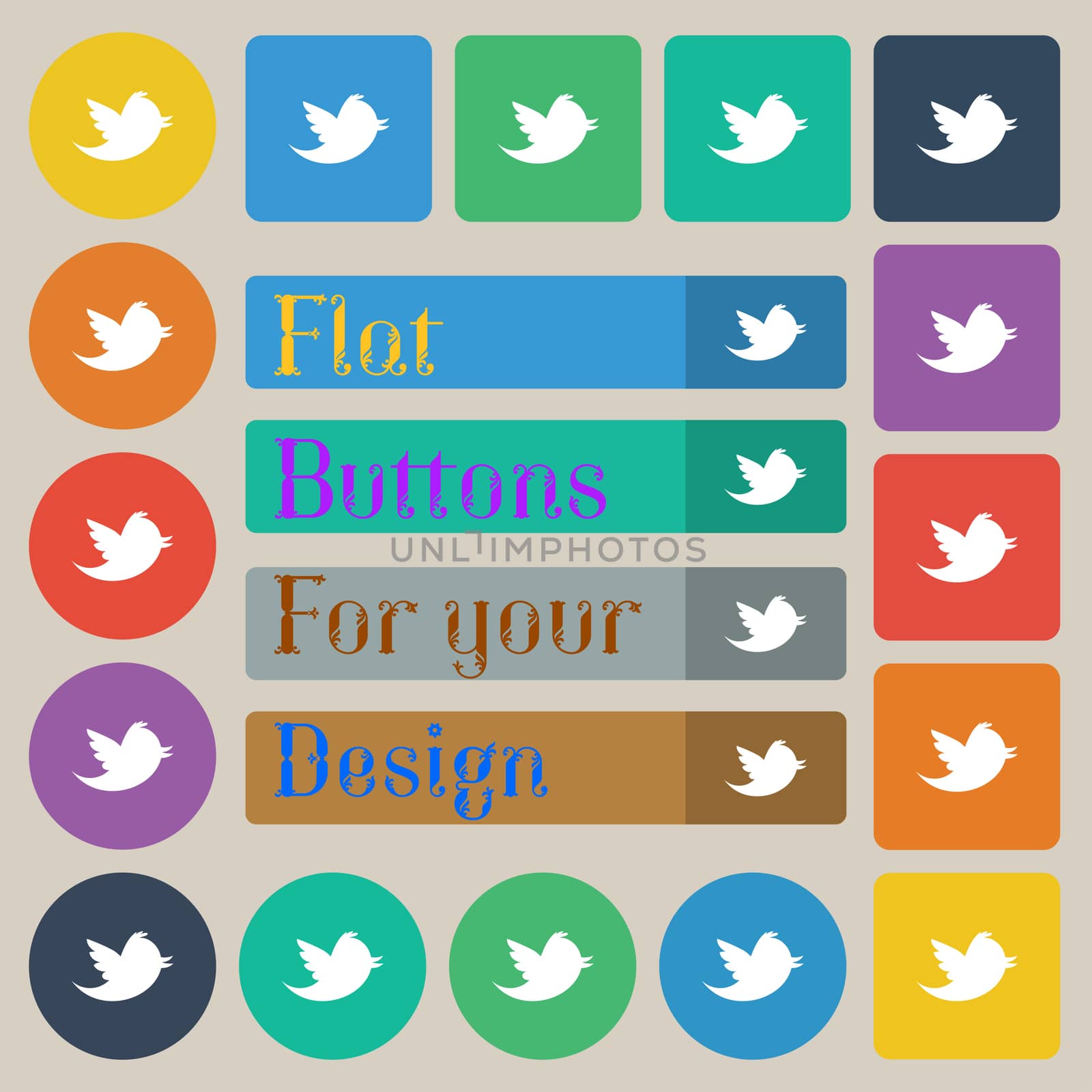 messages retweet icon sign. Set of twenty colored flat, round, square and rectangular buttons. illustration
