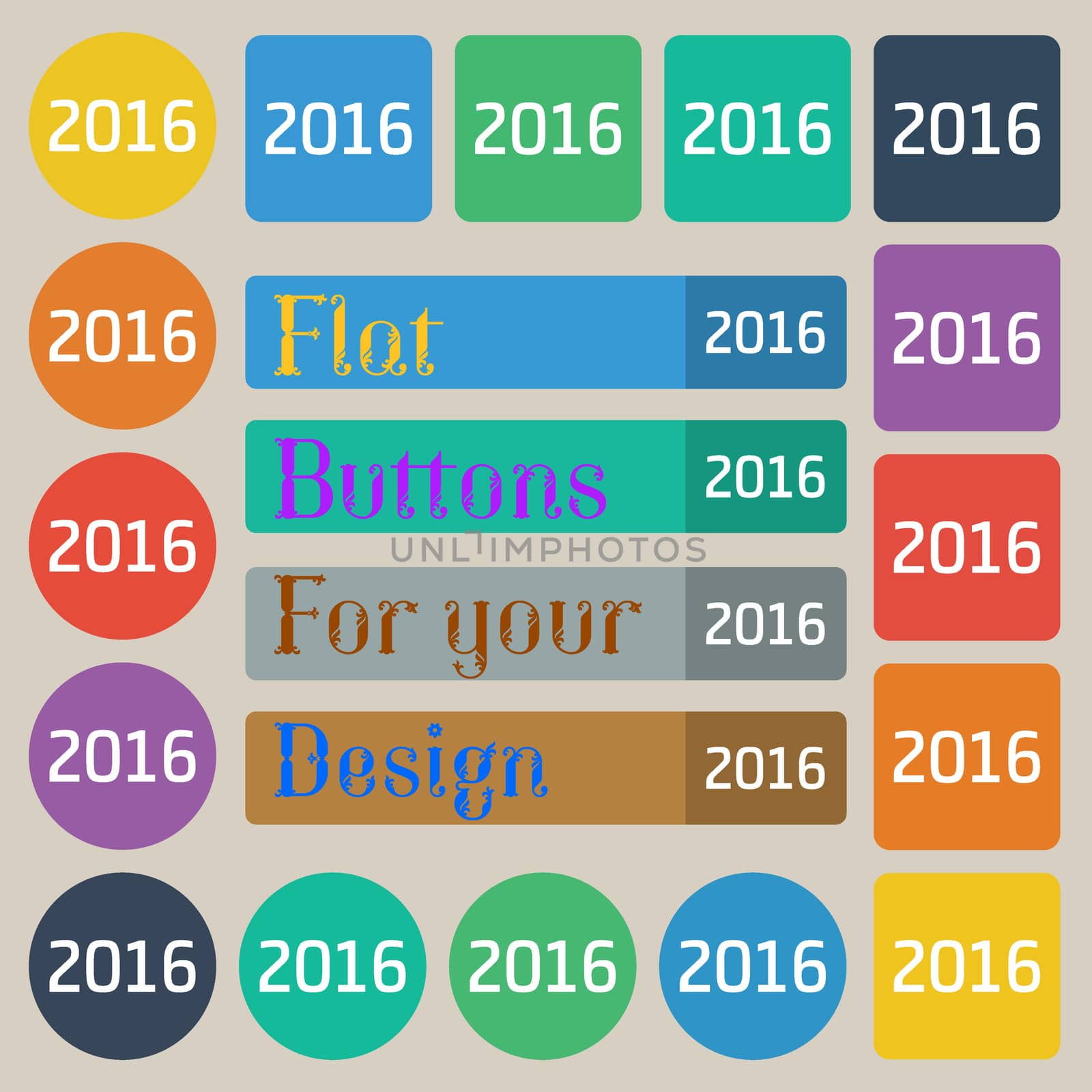 Happy new year 2016 sign icon. Calendar date. Set of twenty colored flat, round, square and rectangular buttons. illustration