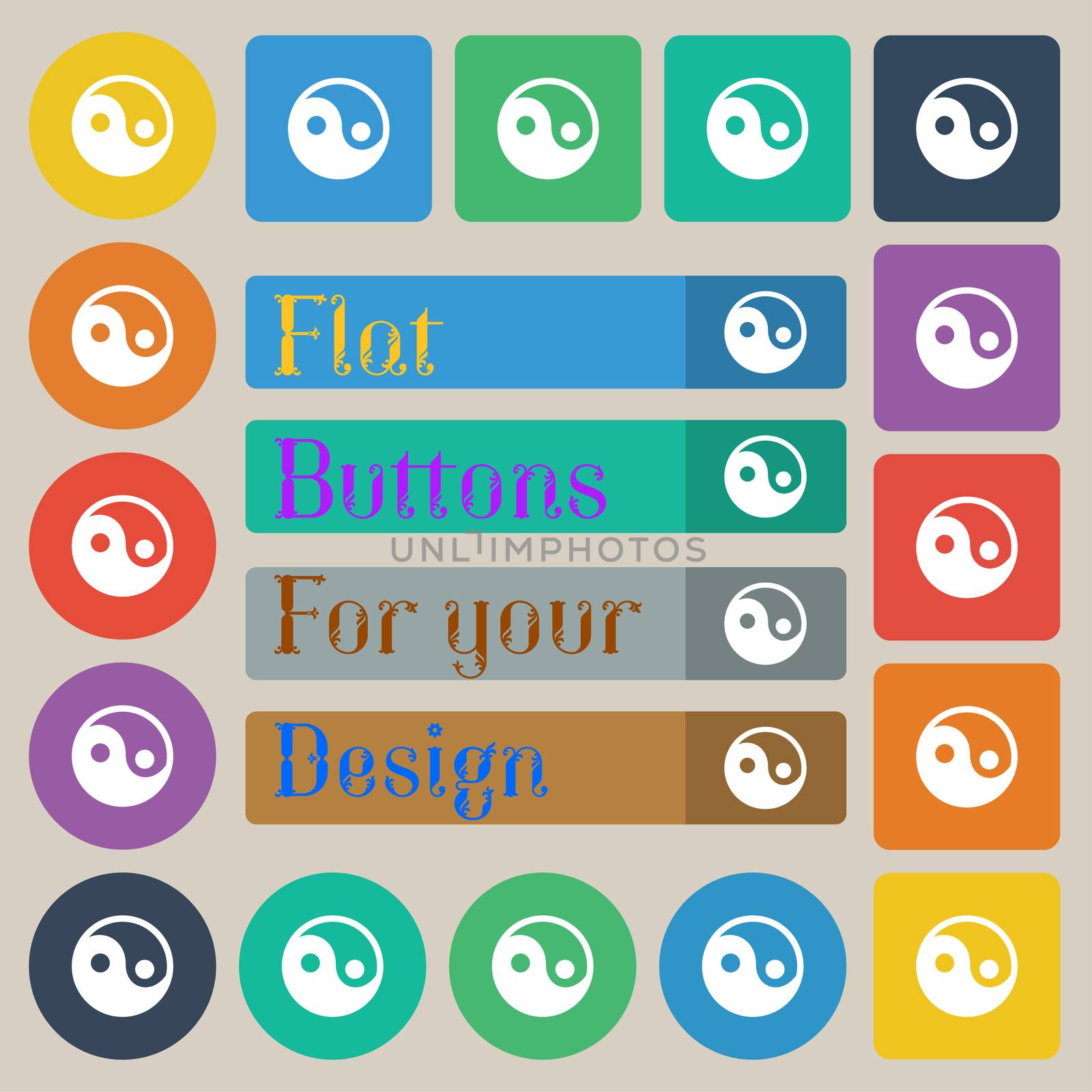 Ying yang icon sign. Set of twenty colored flat, round, square and rectangular buttons. illustration