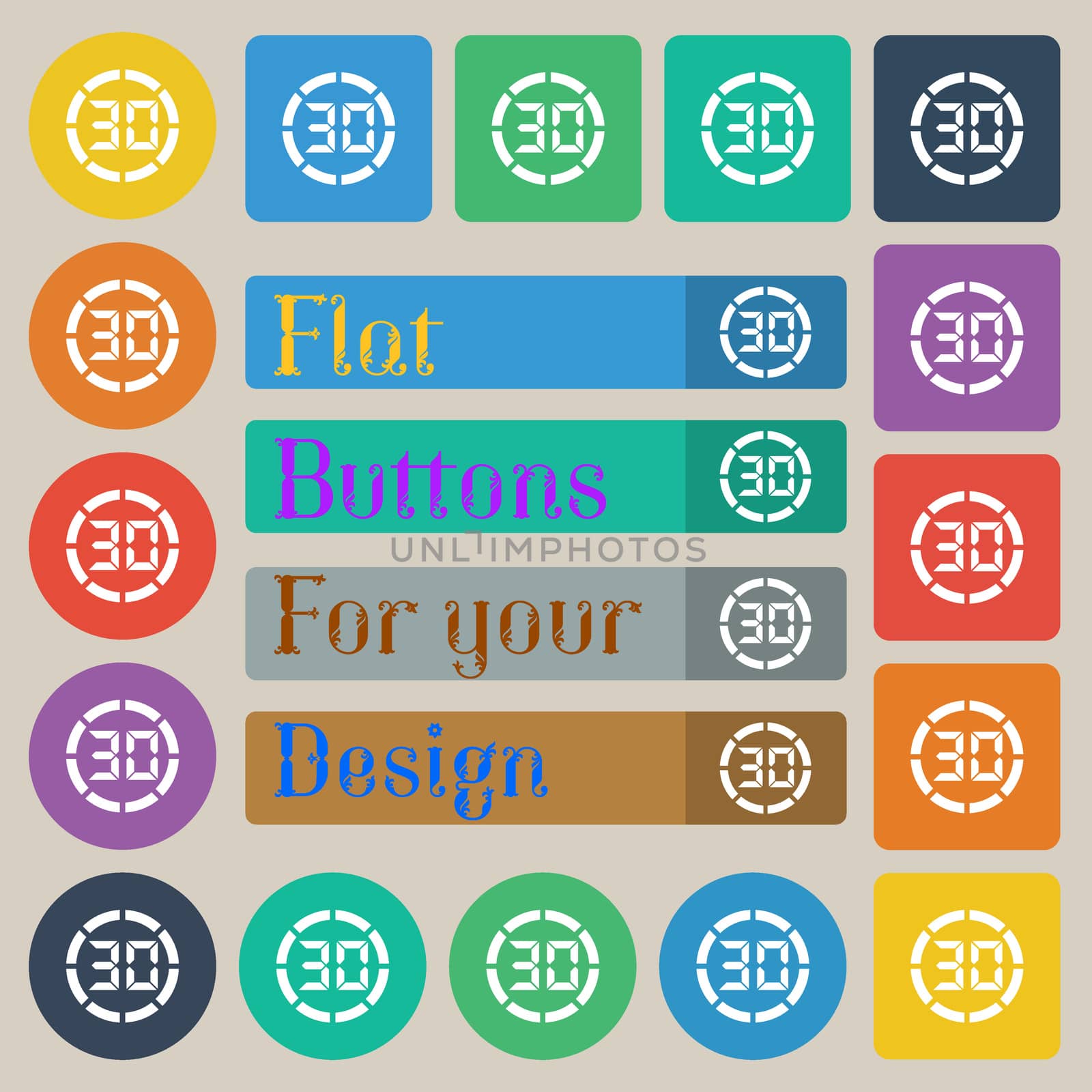 30 second stopwatch icon sign. Set of twenty colored flat, round, square and rectangular buttons. illustration