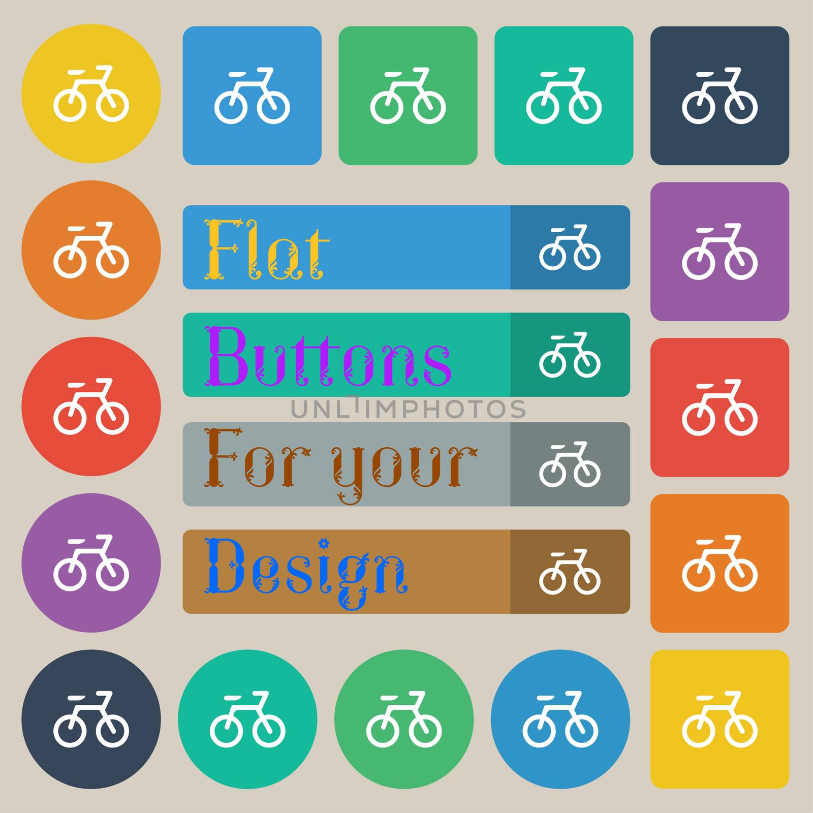 Bicycle icon sign. Set of twenty colored flat, round, square and rectangular buttons.  by serhii_lohvyniuk