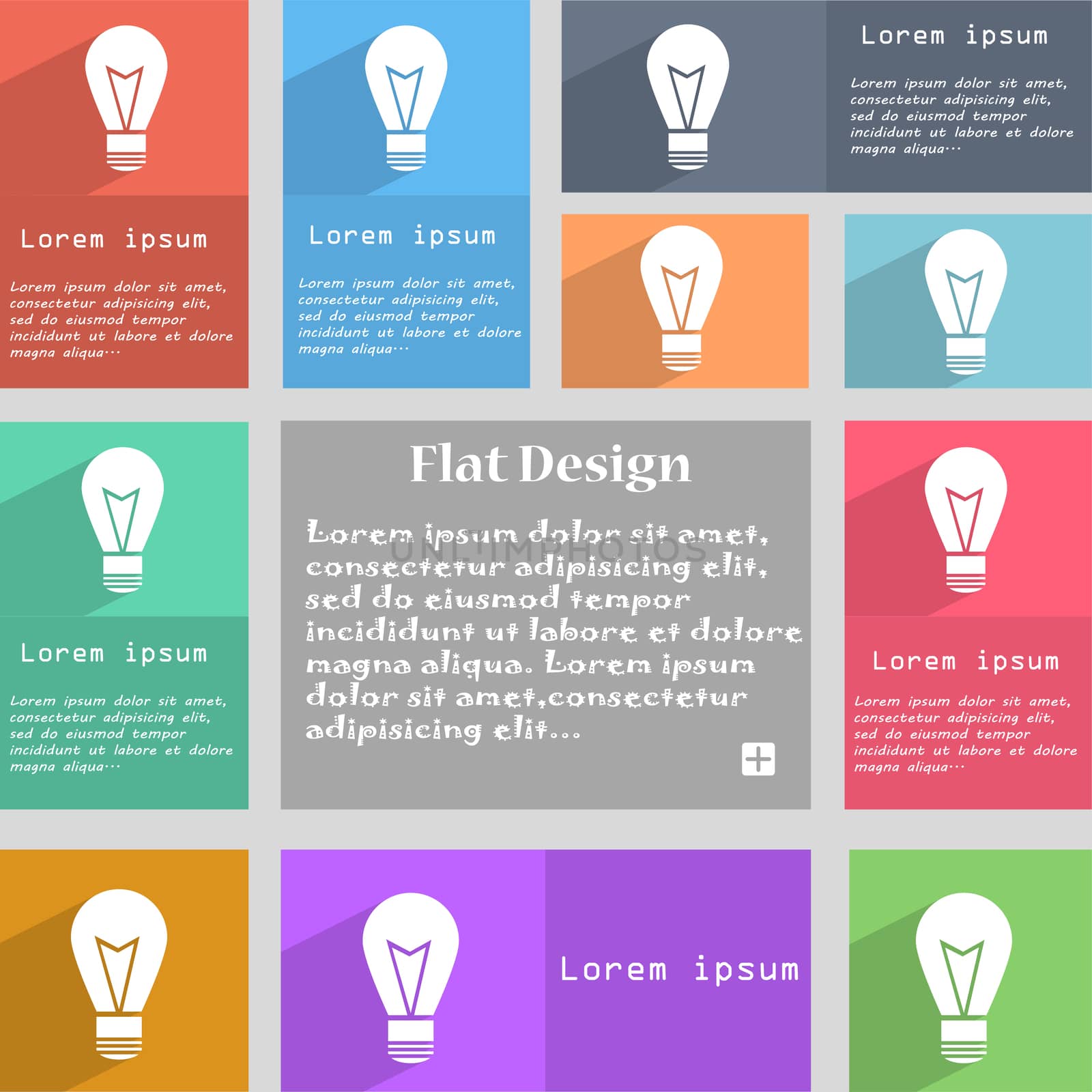 Light lamp sign icon. Idea symbol. Lightis on. Set of colored buttons. illustration