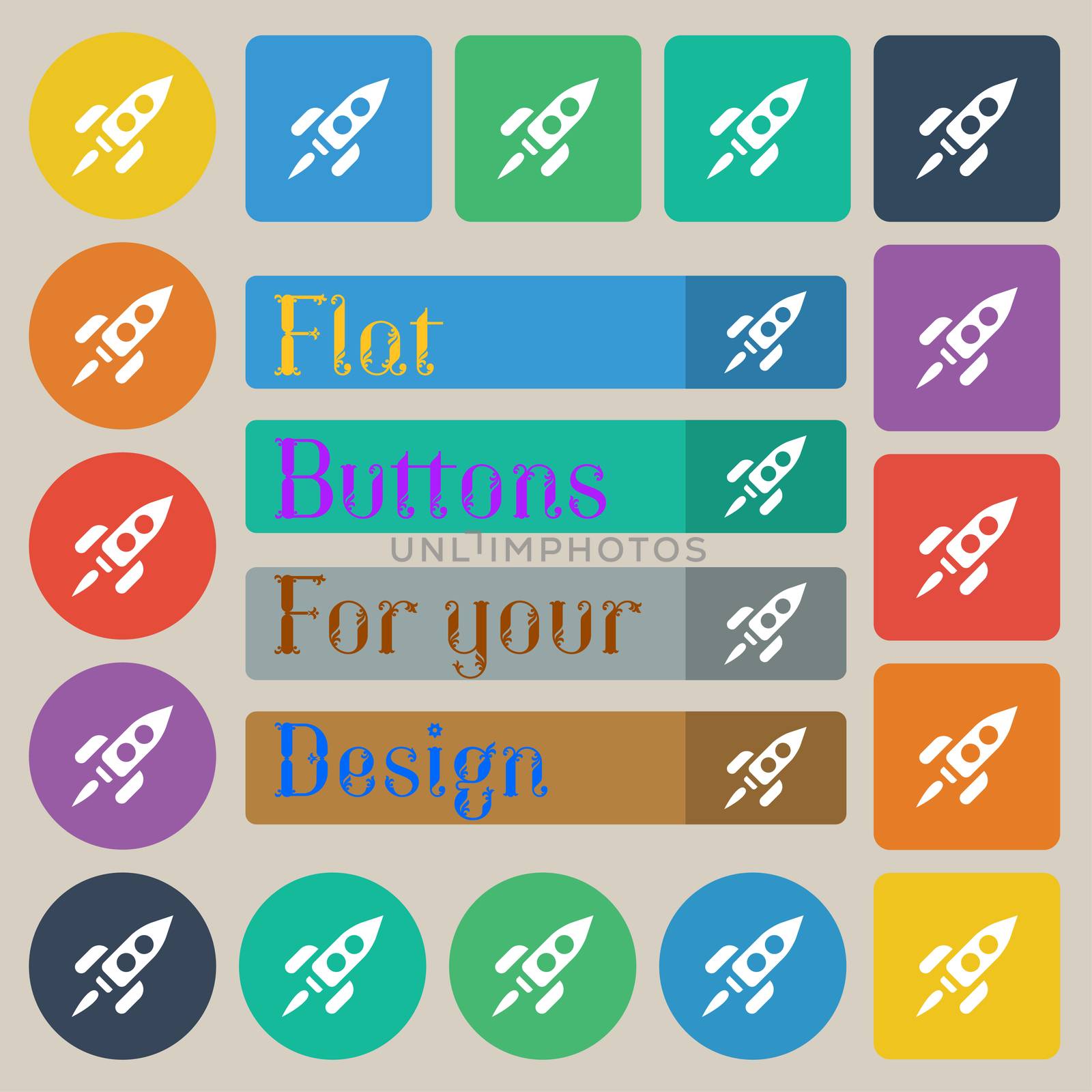 Rocket icon sign. Set of twenty colored flat, round, square and rectangular buttons. illustration