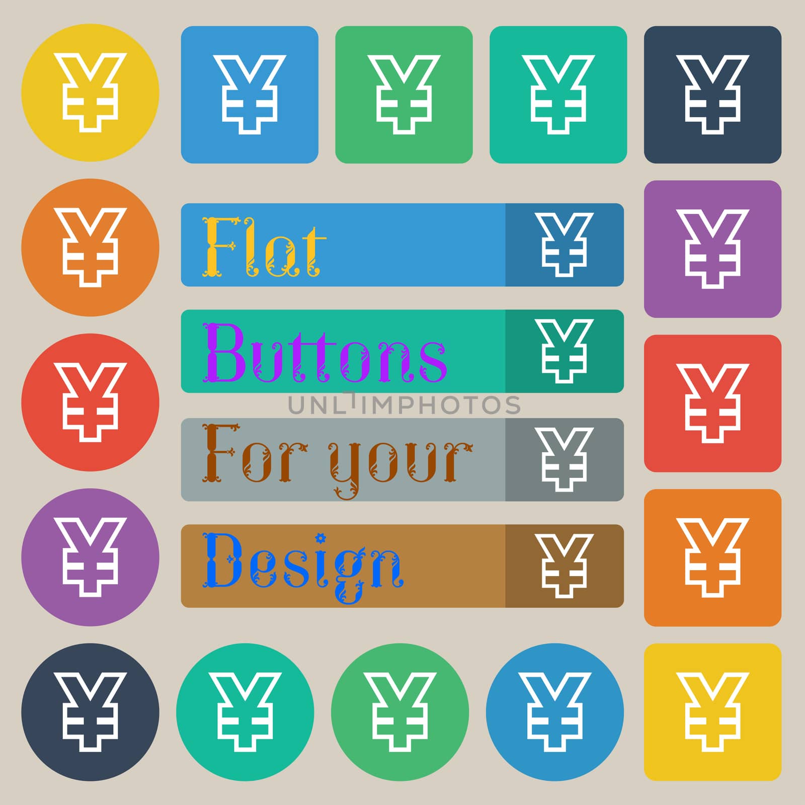 Yen JPY icon sign. Set of twenty colored flat, round, square and rectangular buttons. illustration