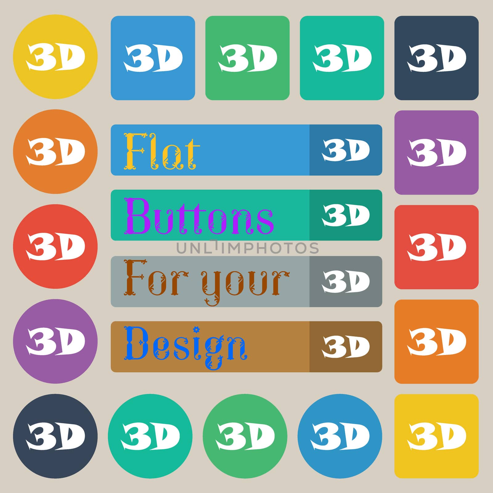 3D sign icon. 3D-New technology symbol. Set of twenty colored flat, round, square and rectangular buttons.  by serhii_lohvyniuk