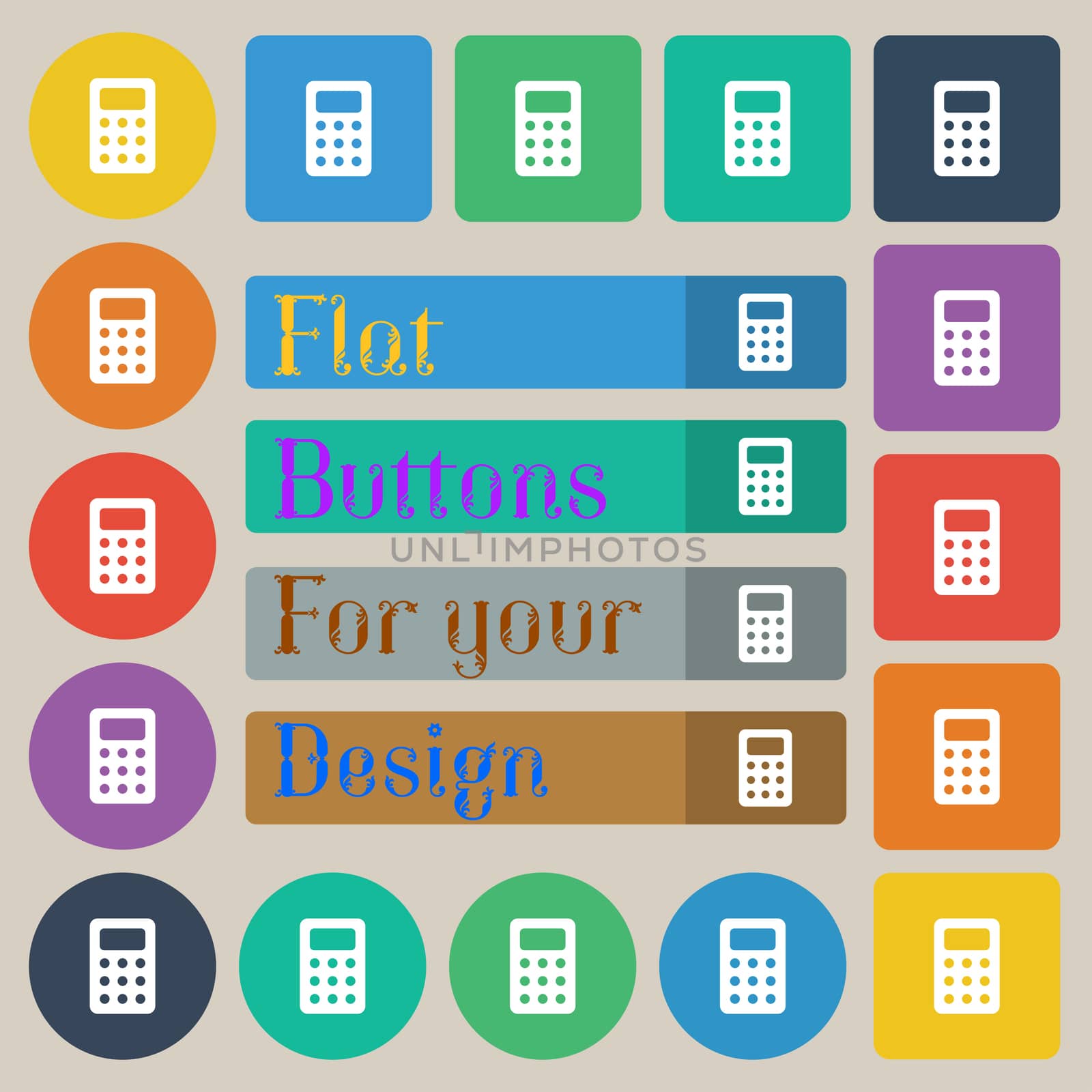 Calculator, Bookkeeping icon sign. Set of twenty colored flat, round, square and rectangular buttons.  by serhii_lohvyniuk