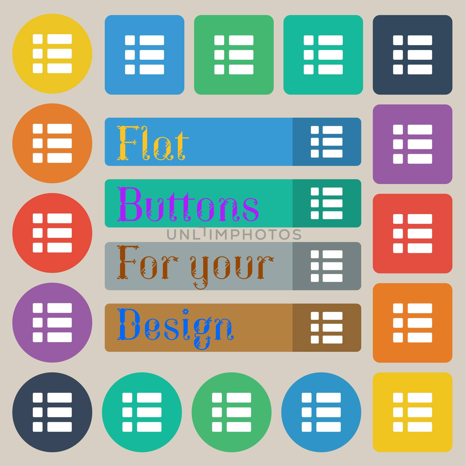 List menu, Content view options icon sign. Set of twenty colored flat, round, square and rectangular buttons.  by serhii_lohvyniuk