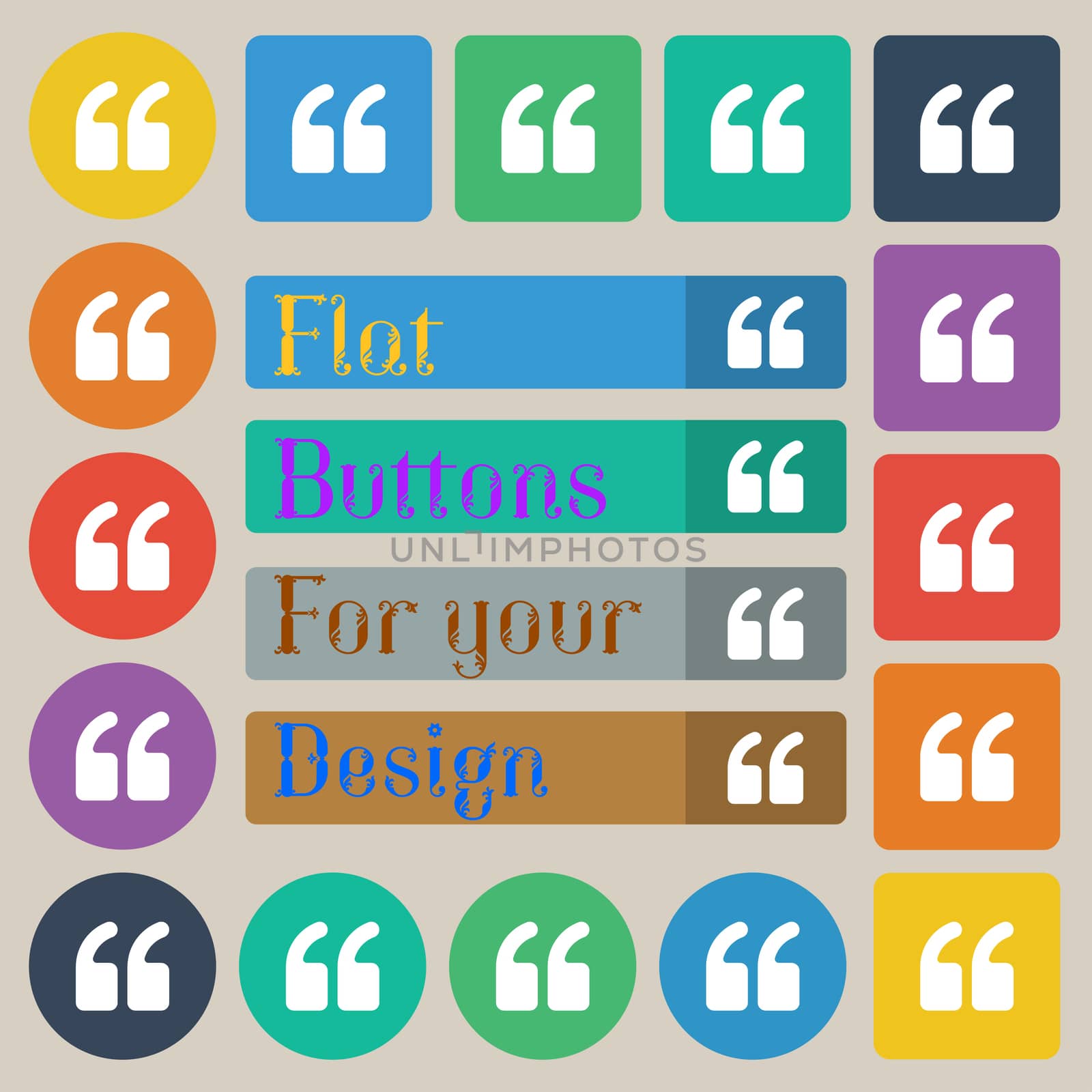 Double quotes at the beginning of words icon sign. Set of twenty colored flat, round, square and rectangular buttons. illustration