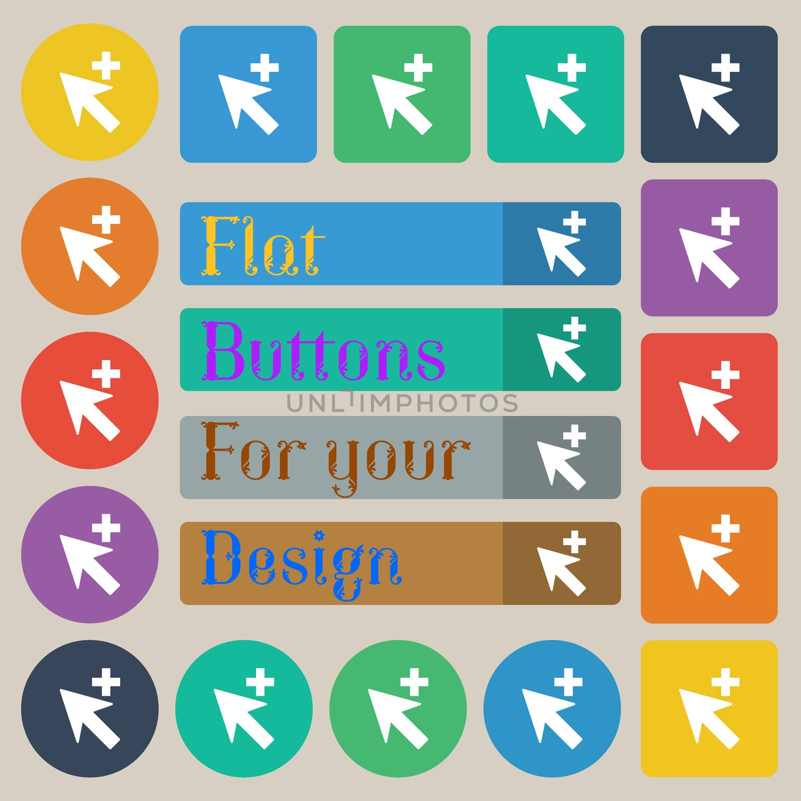 Cursor, arrow plus, add icon sign. Set of twenty colored flat, round, square and rectangular buttons. illustration
