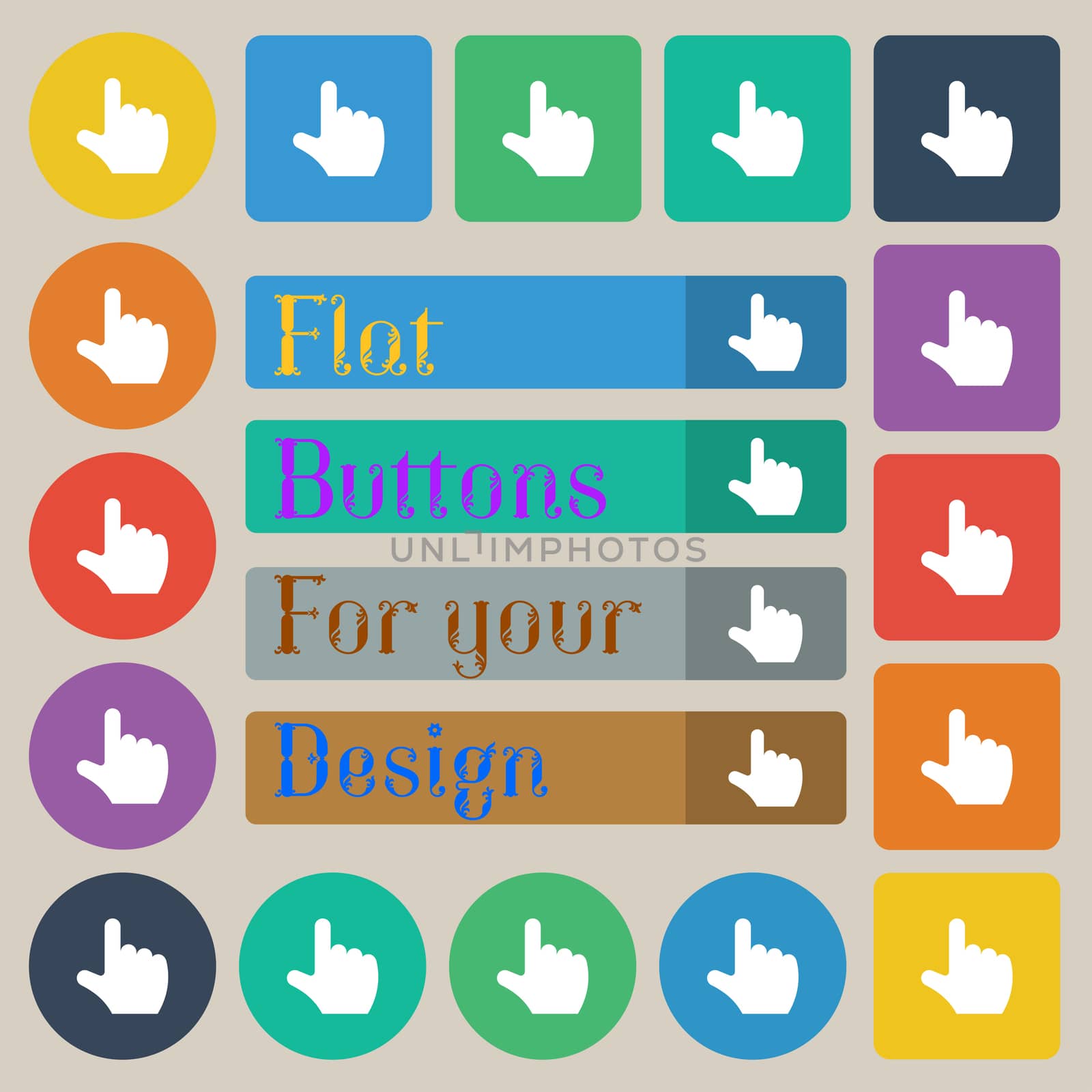 pointing hand icon sign. Set of twenty colored flat, round, square and rectangular buttons. illustration