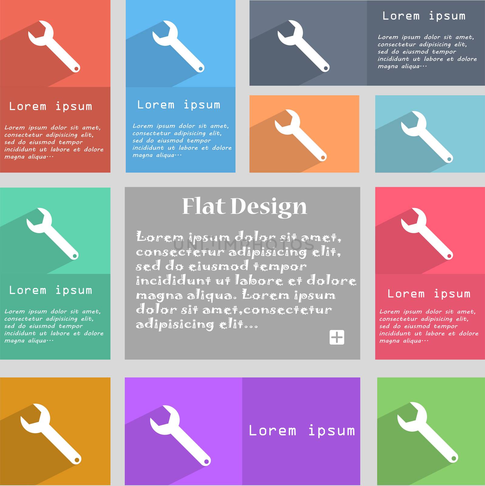 Wrench key sign icon. Service tool symbol. Set of colored buttons.  by serhii_lohvyniuk