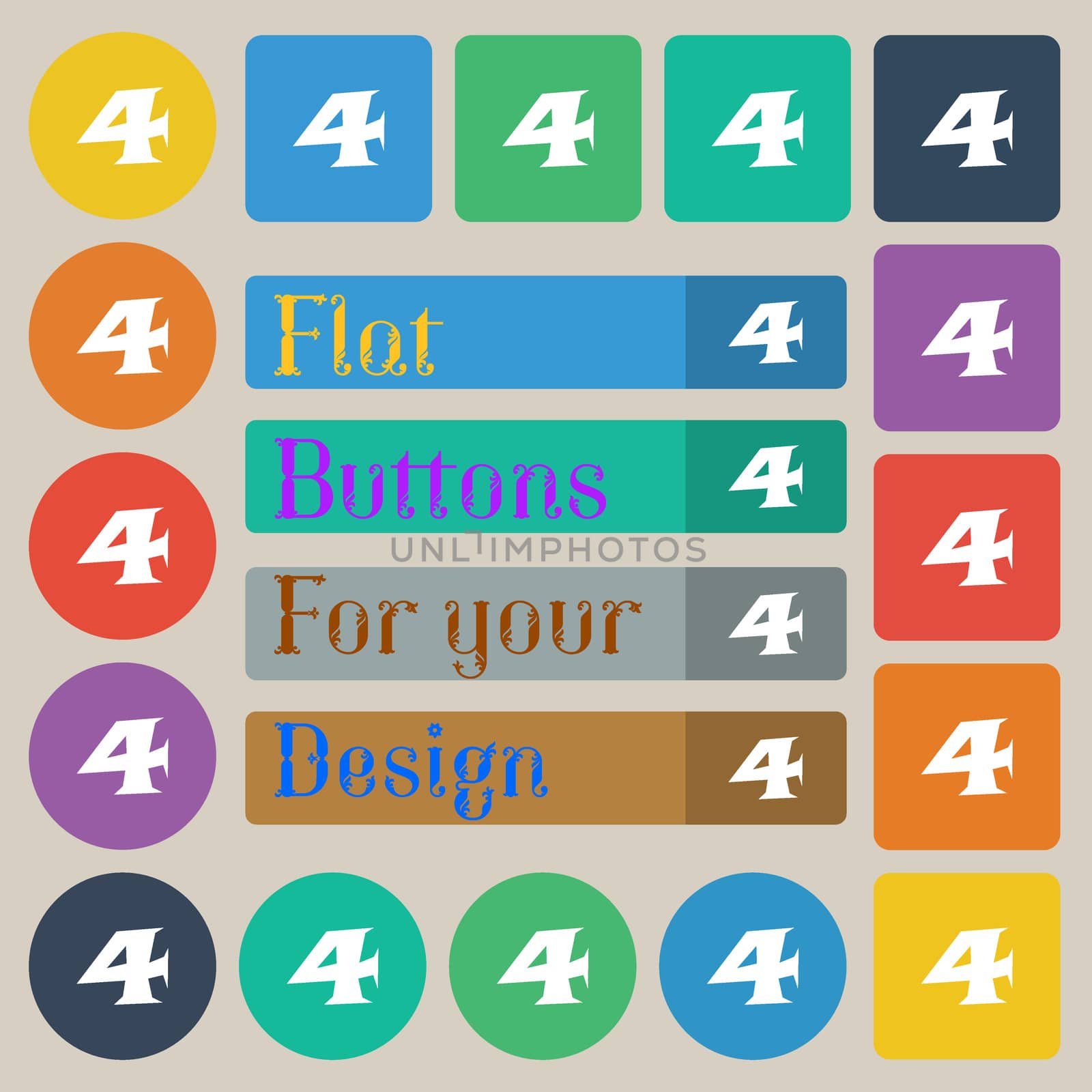 number four icon sign. Set of twenty colored flat, round, square and rectangular buttons. illustration