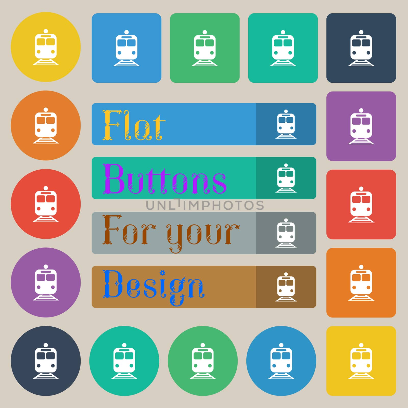 train icon sign. Set of twenty colored flat, round, square and rectangular buttons. illustration