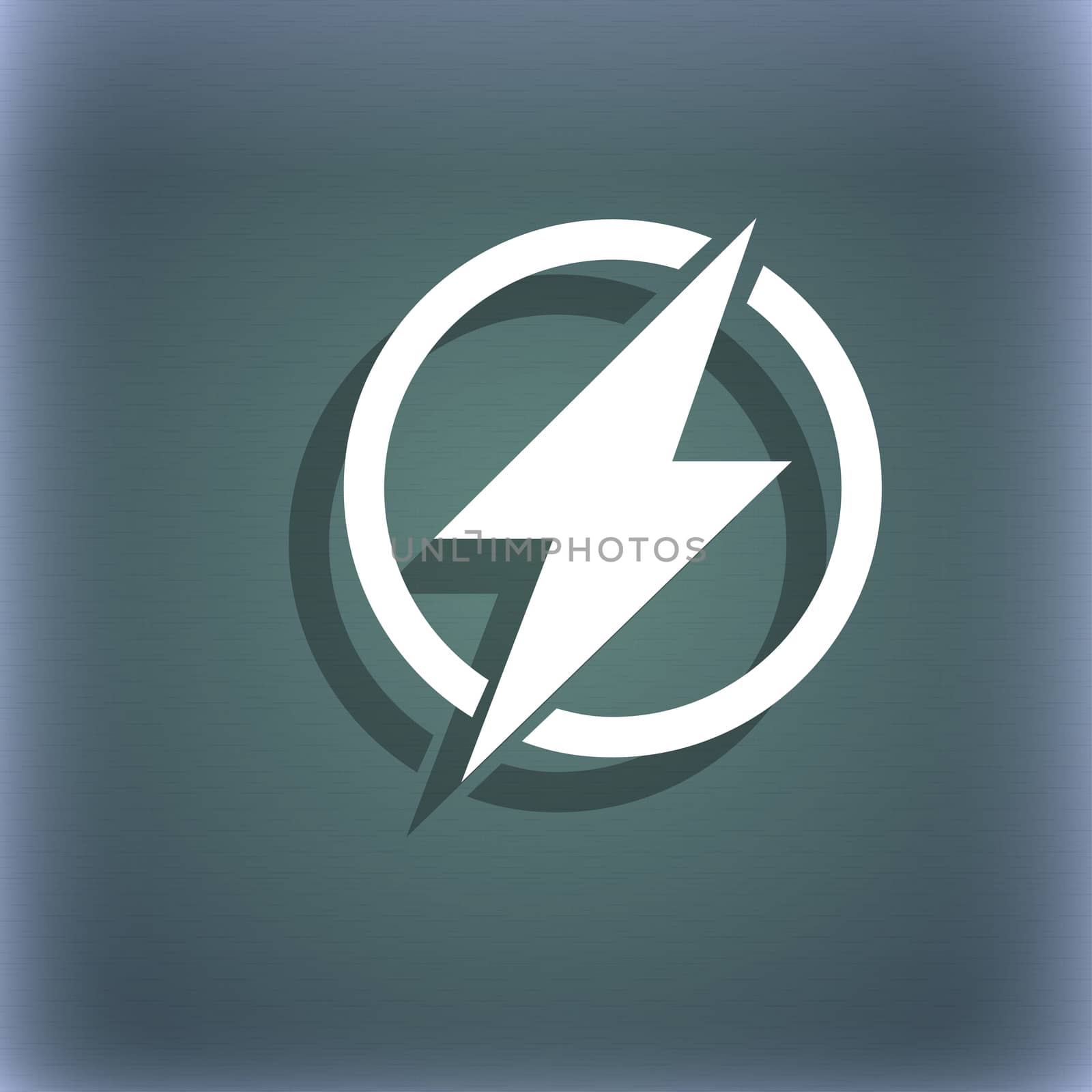 Photo flash sign icon. Lightning symbol. On the blue-green abstract background with shadow and space for your text.  by serhii_lohvyniuk